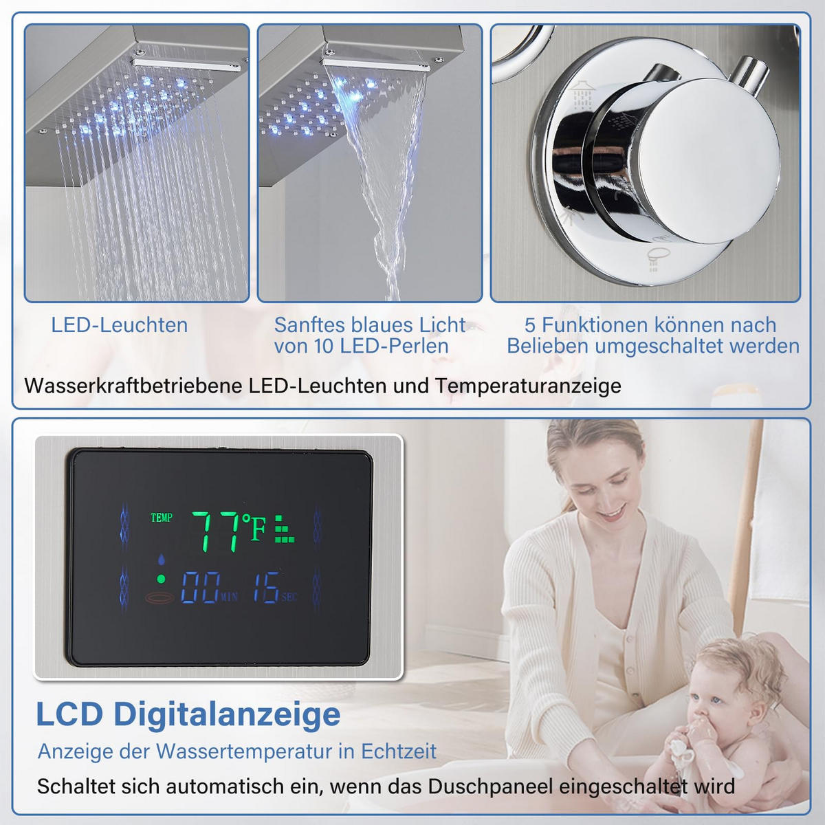 ÜBERKOPFBRAUSESET Edelstahl Hydromassage LED Digitalanzeige Silber - Silberfarben, Metall (16/121/39cm) - Kaket