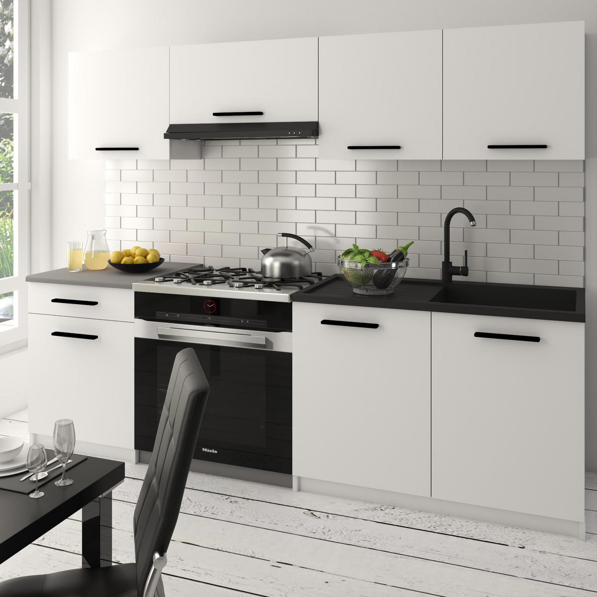 KÜCHENZEILE Italia 1 180 cm, mit Arbeitsplatten, Weiß Matt - Weiß, Holz (180/143/60cm) - B BELINI GROUP
