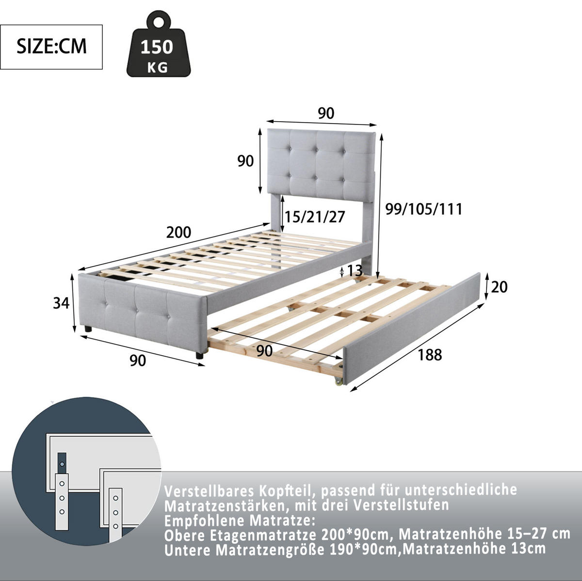 POLSTERBETT 90/200 cm Grau aus MDF, Metall und Leinenstoff mit ausziehbarem Bett - Grau, Textil (90/200cm) - OKMYHOME