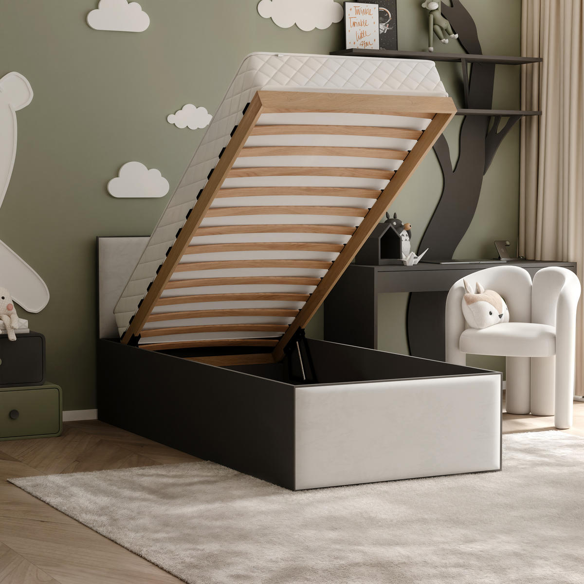 POLSTERBETT SASHI 90/200 cm Bettkasten, ohne Matratze, Schwarz / Hellbeige - Sandfarben, Holz/Holzwerkstoff (90/200cm) - Idohome