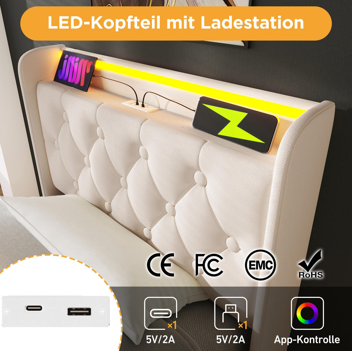 POLSTERBETT 90/200 cm mit LED-Beleuchtung, USB-C, hydraulischem Bettkasten und Matratze, Weiß - Weiß, Kunststoff (90/200cm) - Redom