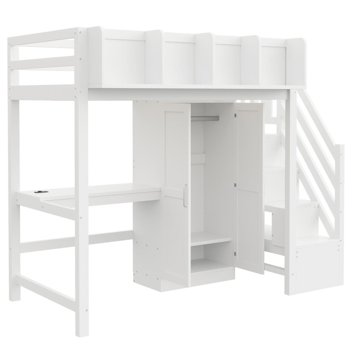 HOCHBETT 90x200 cm in Weiß mit Schreibtisch, Kleiderschrank, LED und Stauraumtreppe - Weiß, Holz (90/200cm) - IVMEU