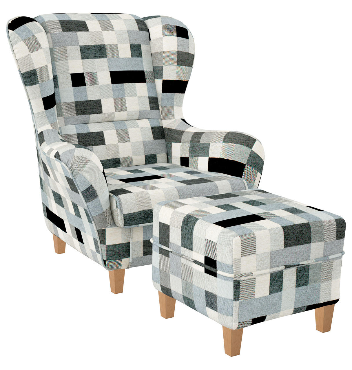 OHRENSESSEL Sofia, Relaxsessel mit Hocker | Design Patchwork grau - Multicolor, Textil (920/680/950cm) - Supellex