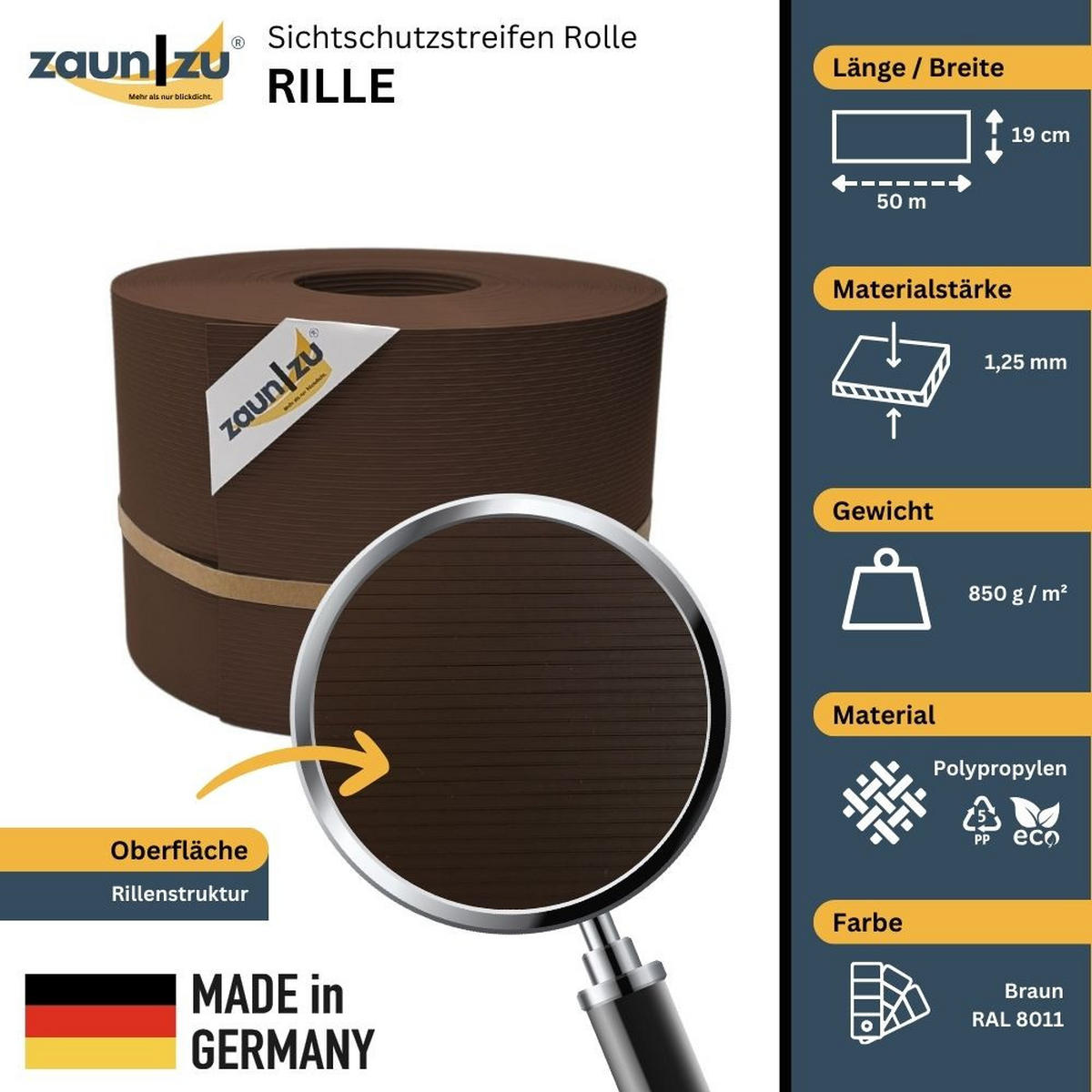 SICHTSCHUTZSTREIFEN Rille PP für Doppelstabmatte Zaunblende Braun 50m - Braun, Kunststoff (5000/19cm) - ZAUN|ZU