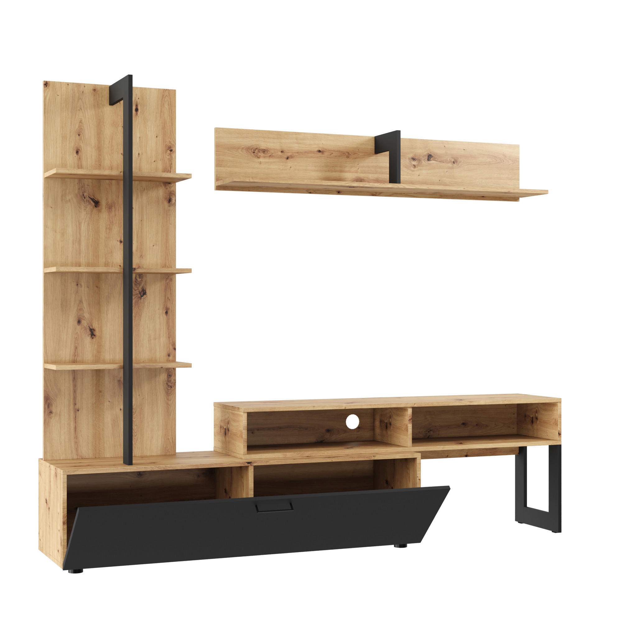 Komodee Wohnwand, Eiche Wotan, Schwarz 205x174x37 cm