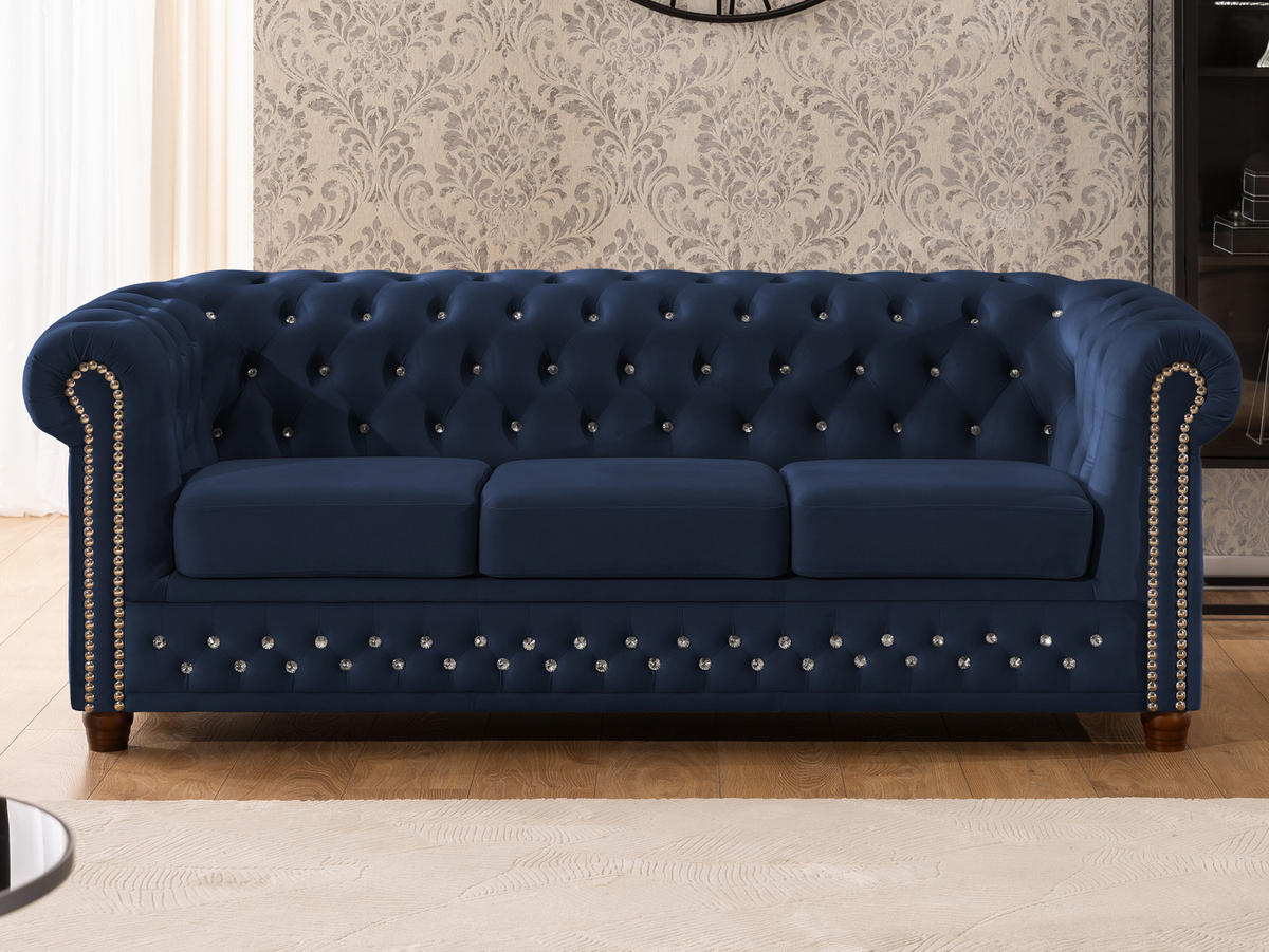 SITZGARNITUR 3+2 Chesterfield Cleo Blink Marineblau Samt mit Kristallsteppung und braunen Massivholzfüßen - Blau/Braun, Holz/Textil (203/72/86cm) - S-Style Möbel