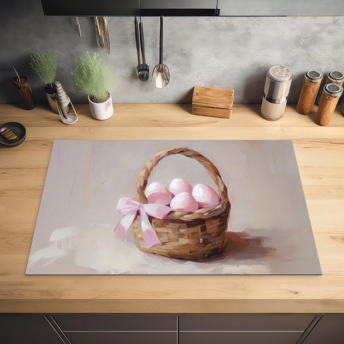 HERDABDECKPLATTE Korb - Eier - Rosa Induktionsschutz 81.6x52.7 cm - Beige, Kunststoff (81.6/52.7/0.2cm) - MuchoWow