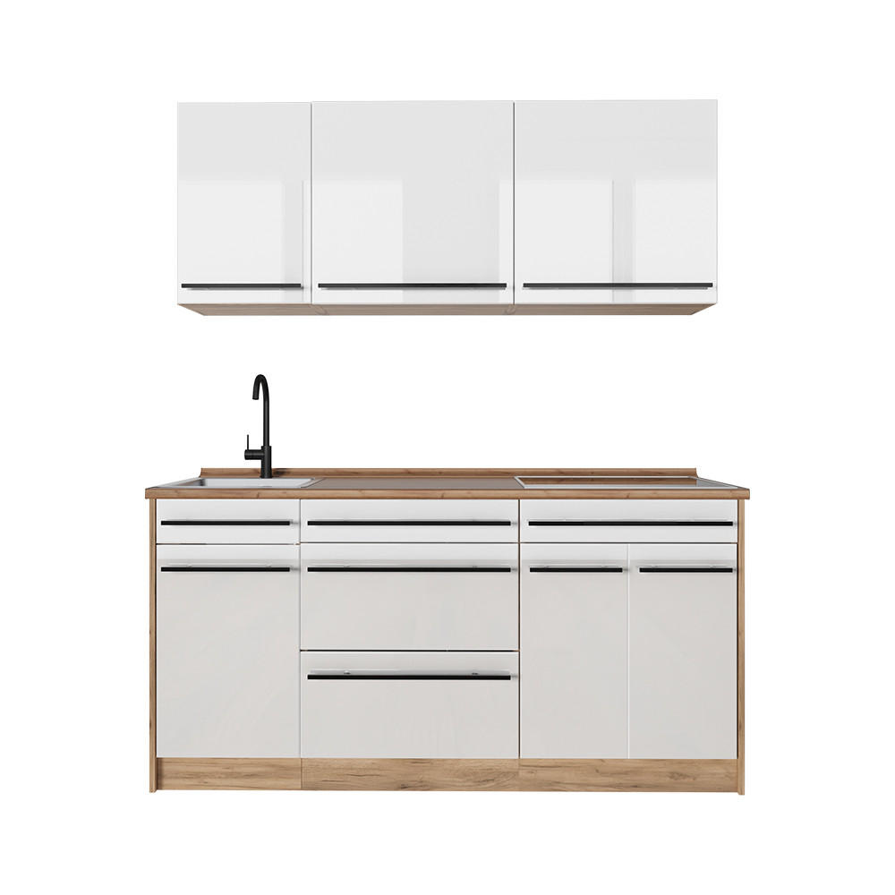Vicco Singleküche Weiß Hochglanz, Honigeiche 160x81.6x60 cm