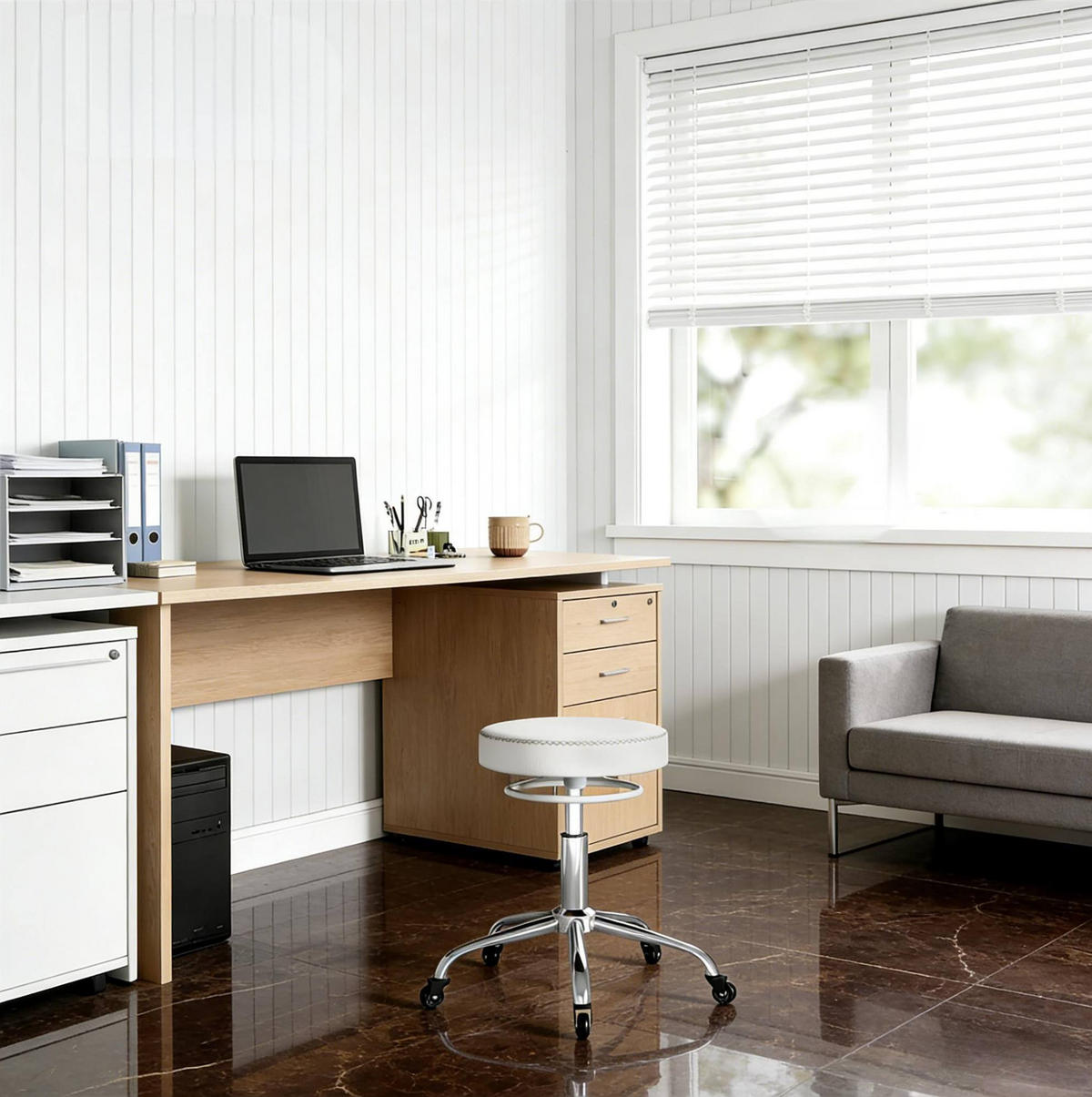 BÜROHOCKER höhenverstellbar mit Rollen 46-58 cm PU White - Weiß, Metall (49/58/49cm) - Meubliv