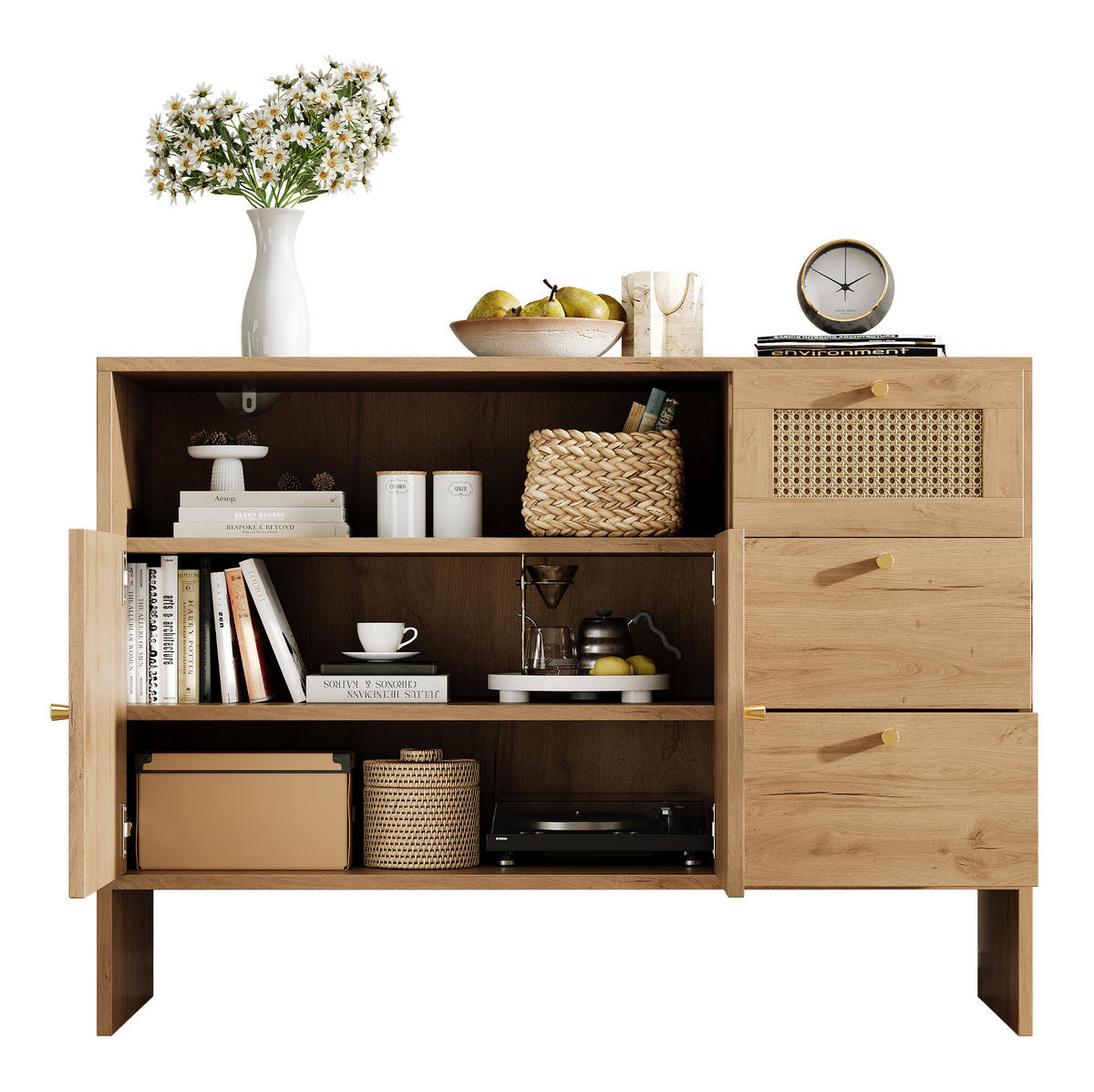 SIDEBOARD 105/40/76 cm mit 2 Türen, 3 Schubladen & Rattan-Optik - Naturfarben, Holzwerkstoff (105/76/40cm) - BEAOK