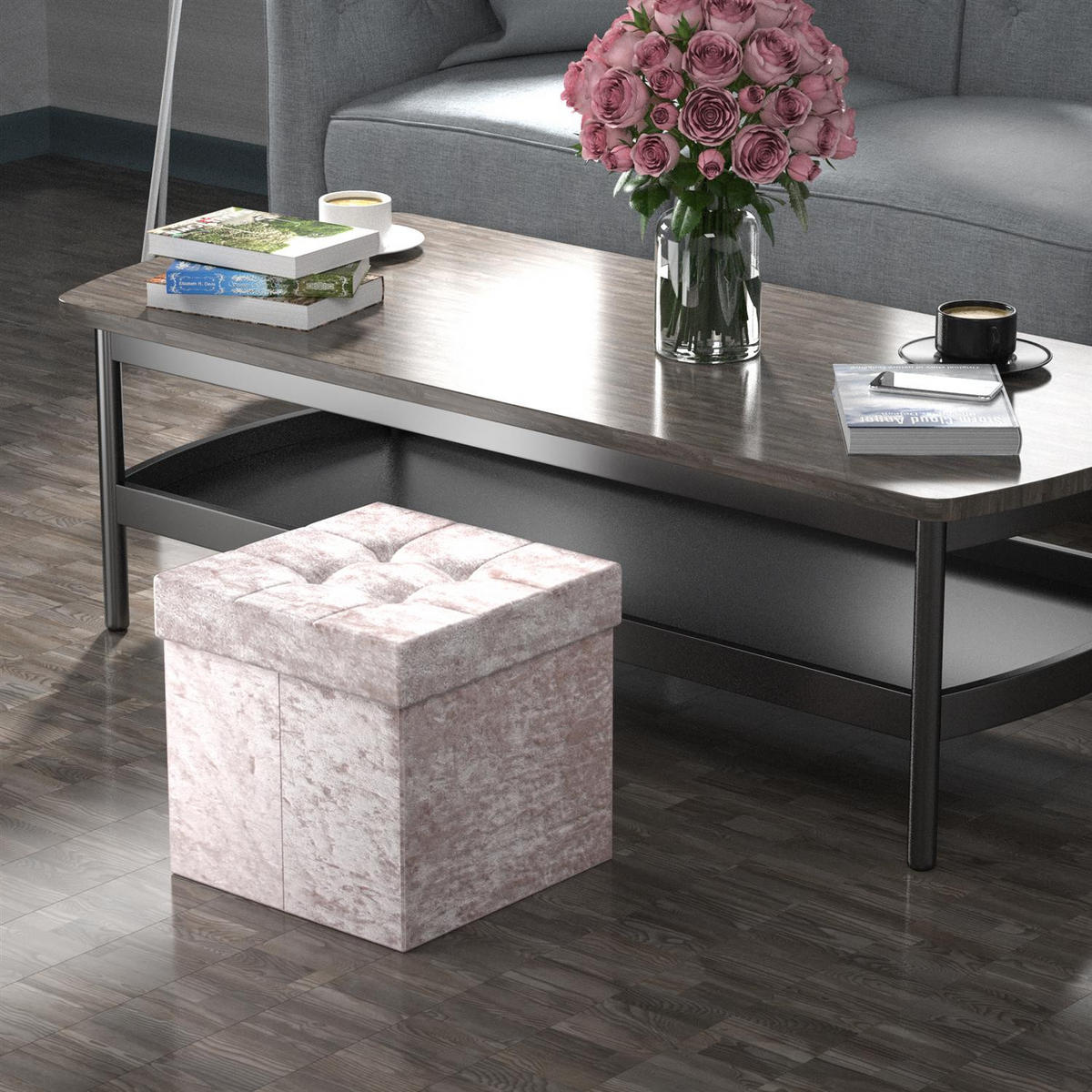 SITZHOCKER Faltbar mit Samtbezug 38/38/38 cm (Rosa) - Rosa, Karton (38/38/38cm) - Intirilife