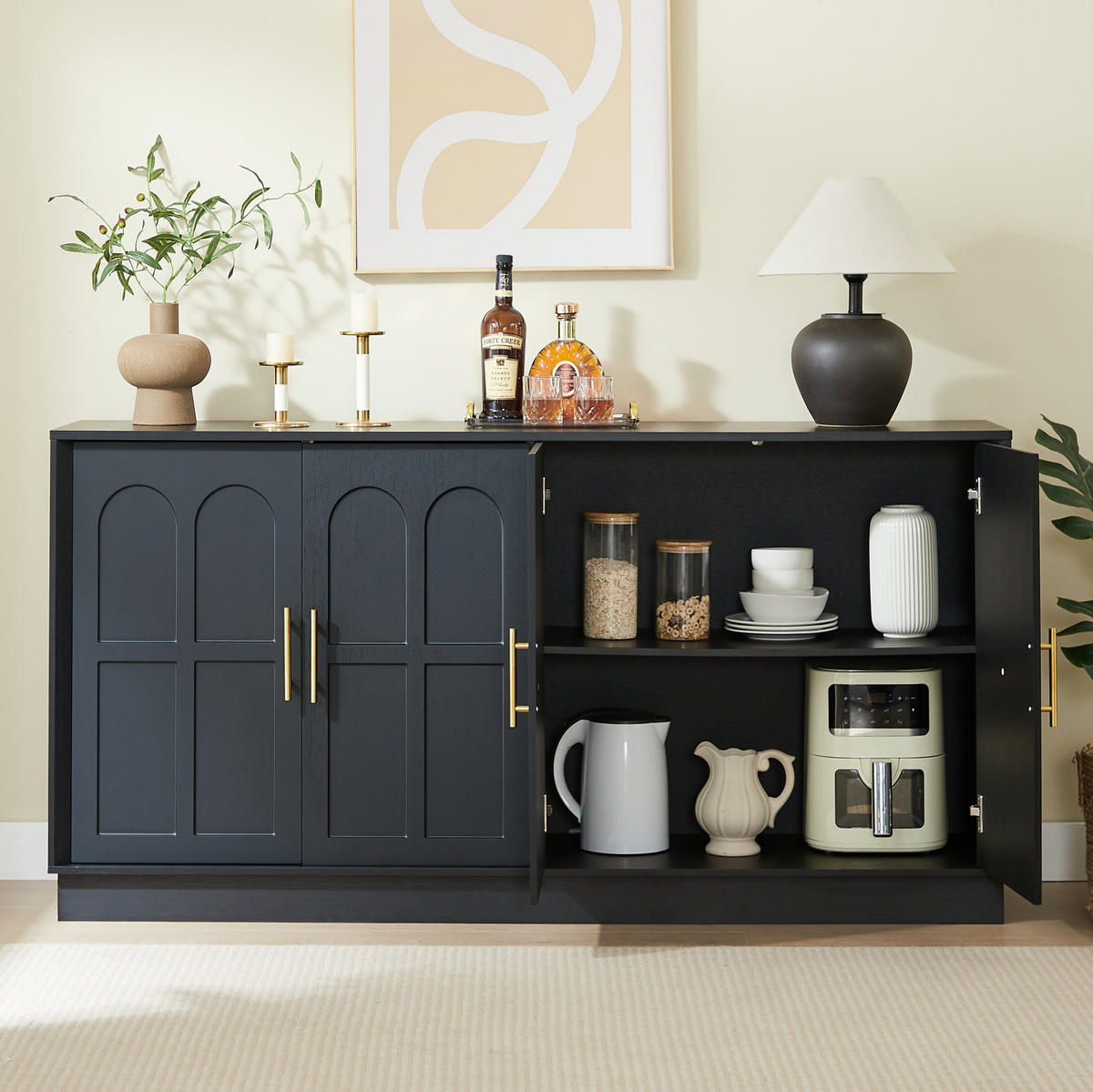 SIDEBOARD 169/40/80 cm in Schwarz mit geschwungener Front und viel Stauraum - Schwarz, Holzwerkstoff (169/80/40cm) - BEAOK
