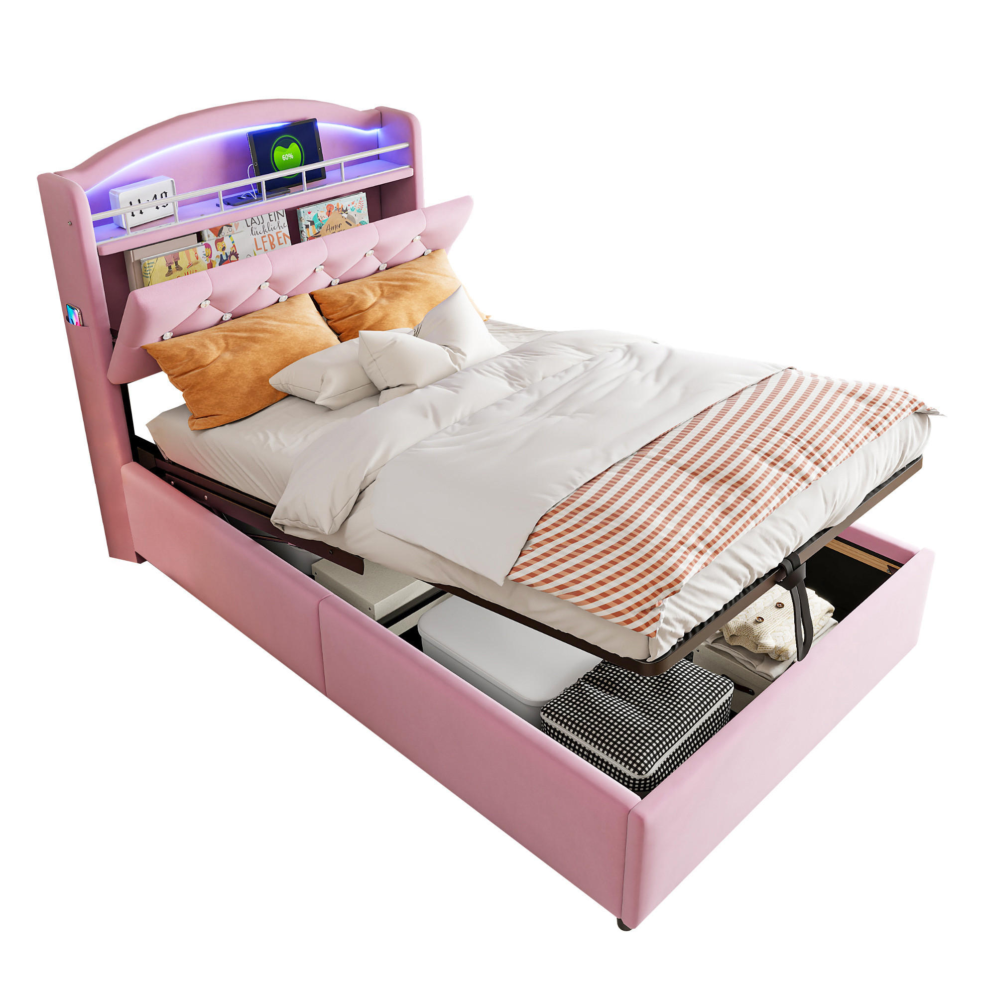 KINDERBETT mit Stauraum 90x200 cm Samt Rosa mit LED und USB - Pink, Metall (90/200cm) - Meubliv