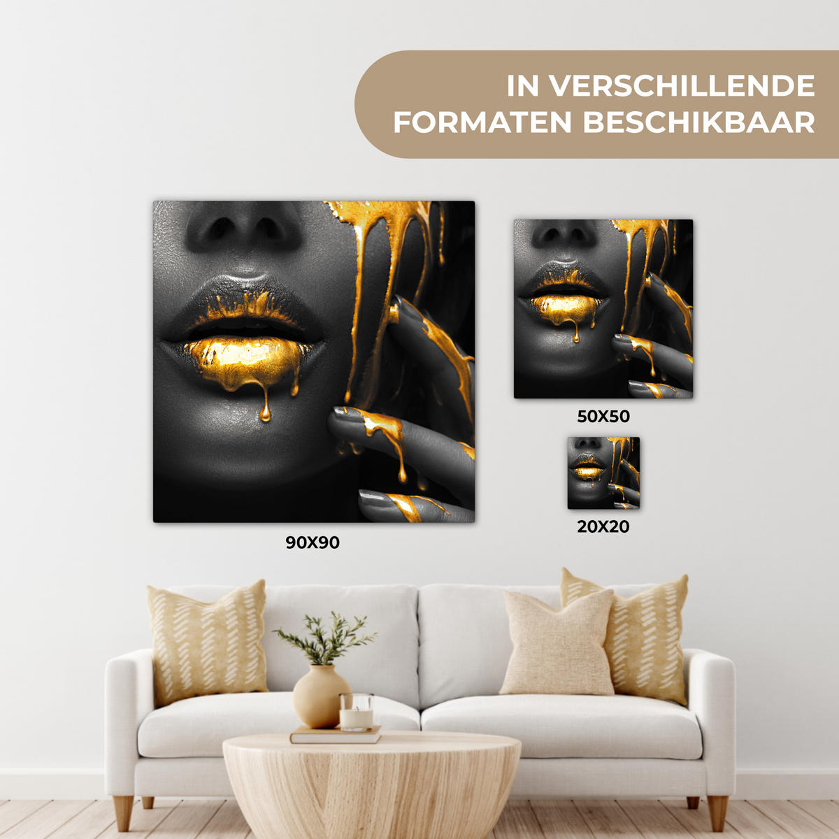 LEINWANDBILD Frau - Schwarz - Gold - Gesicht - Lippen 50x50 cm - Goldfarben, Textil (50/50cm) - MuchoWow