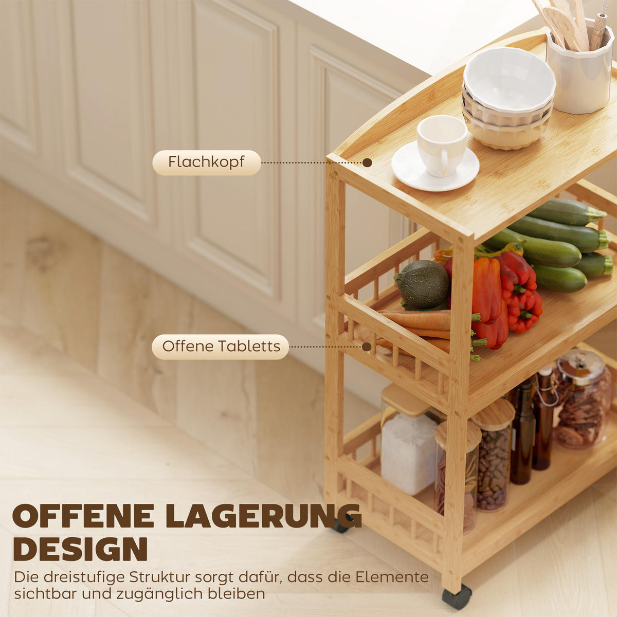 KÜCHENWAGEN Bambus Naturholz - Naturfarben, Holz (30.5/83/53cm) - HOMCOM