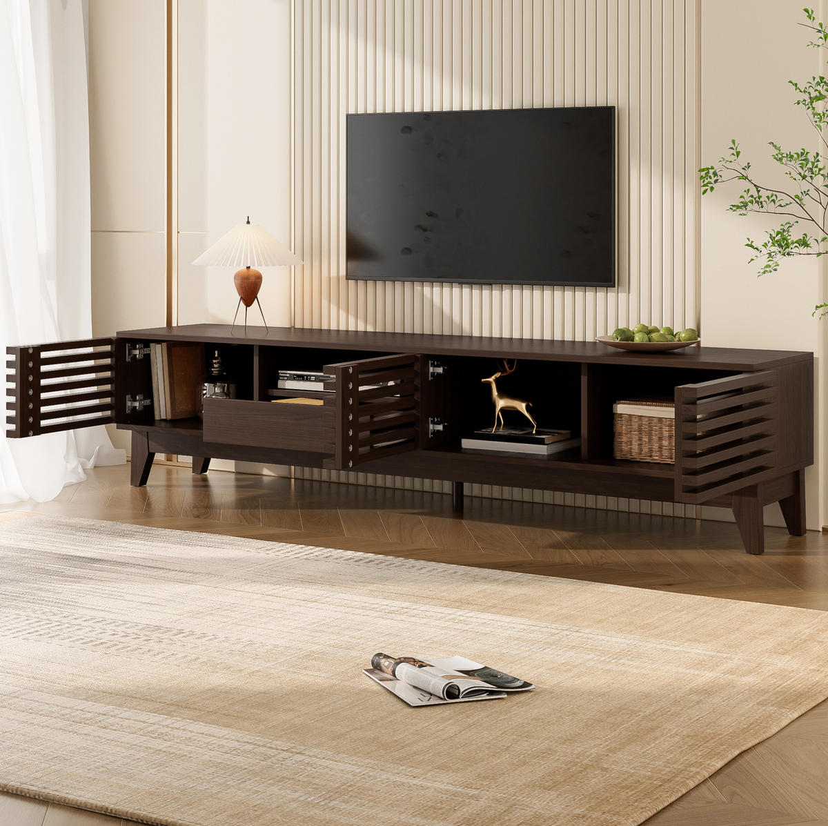 TV stolek 170/35/40 cm přírodní z dřevotřísky s úložným prostorem a kabelovými průchodkami - přírodní, kompozitní dřevo (170/40/35cm) - OKWISH