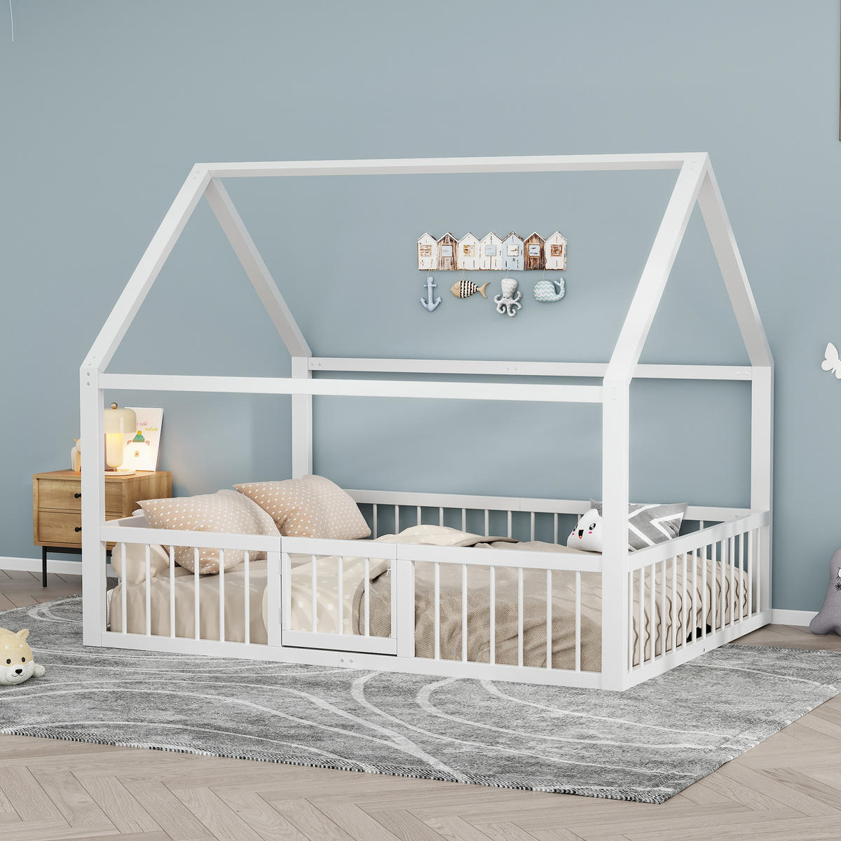 METALLBETT 140/200 cm Weiß Kinderbett mit Dachdesign aus stabilem Metall - Weiß, Metall (140/200cm) - OKWISH