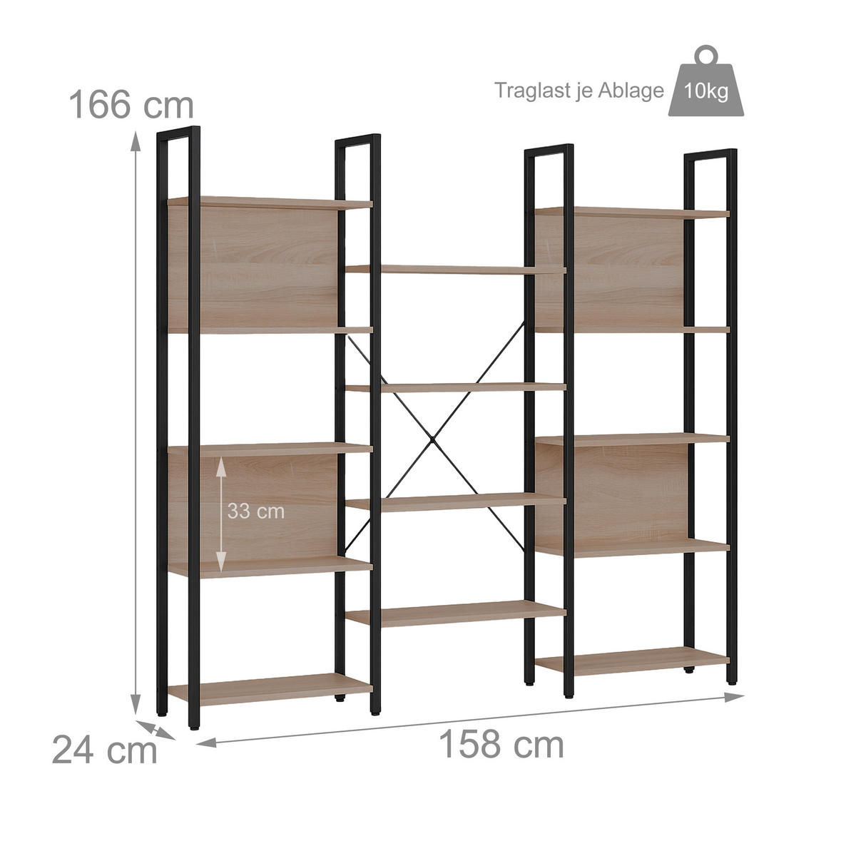 BÜCHEREGAL - Hellbraun, Holzwerkstoff/Metall (158/166/24cm) - Relaxdays