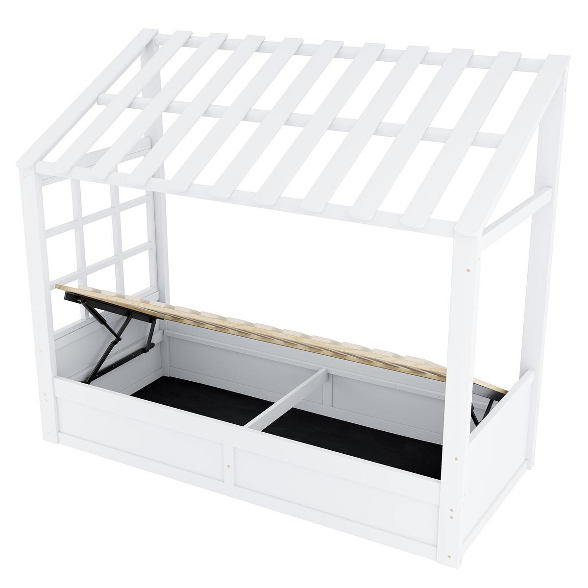 HAUSBETT 90/200 cm mit Dach und hydraulischem Stauraum, DE-41620, in Weiß - Weiß, Holzwerkstoff (90/200cm) - ComfortXL
