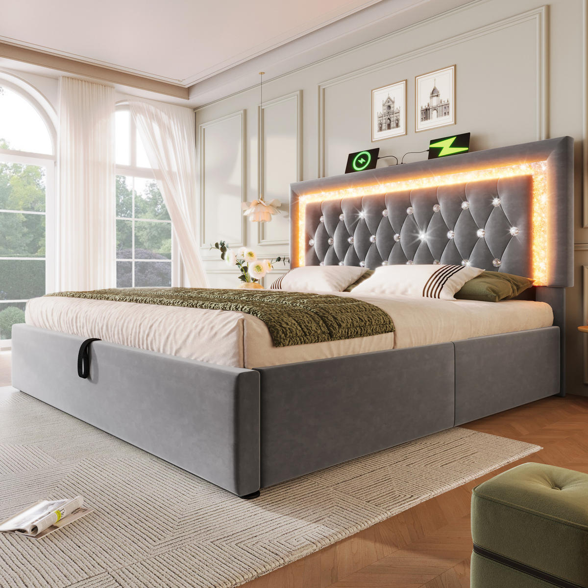 POLSTERBETT 160/200 cm Grau mit LED-Beleuchtung Stauraum USB- und Type-C-Anschlüssen mit Matratze - Grau, Textil (160/200cm) - OKWISH
