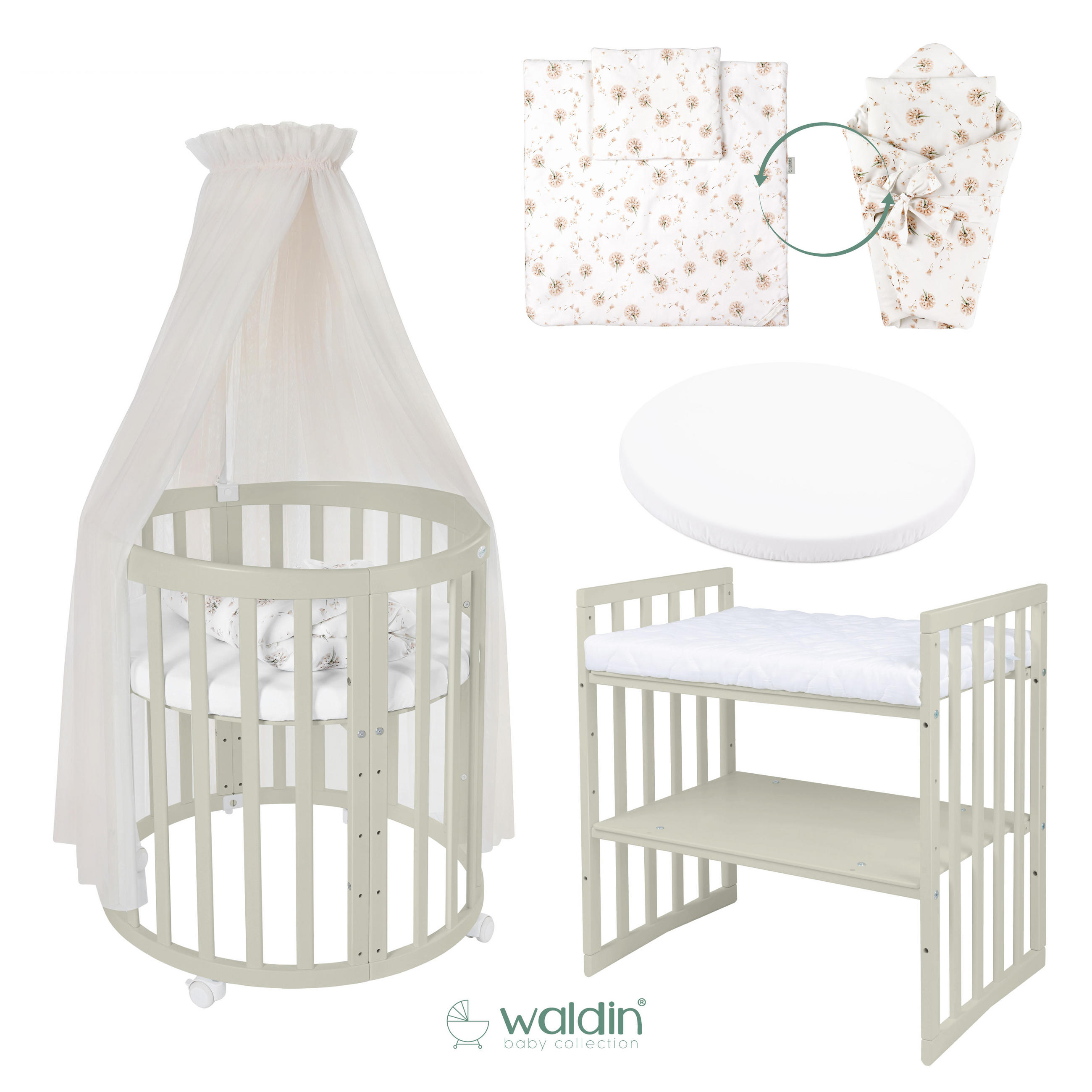 BABYBETT OLIVE OVAL 7in1 mit Matratze und Himmelset - Champagner/Olivgrün, Holz/Textil