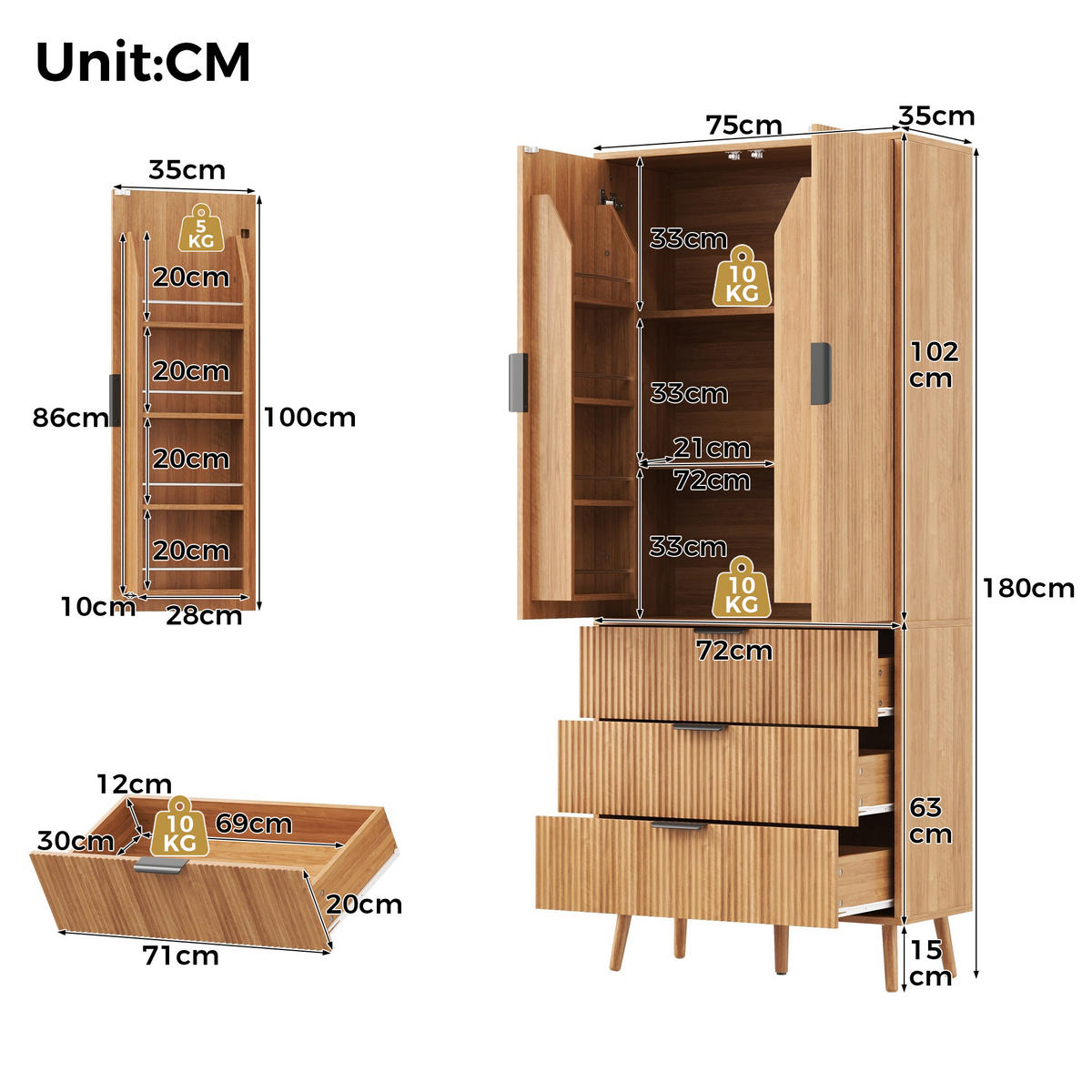 HIGHBOARD DE-38756 75/35/180 cm 2 Türen und 3 Schubladen Natur - Naturfarben, Holzwerkstoff (75/180/35cm) - ComfortXL