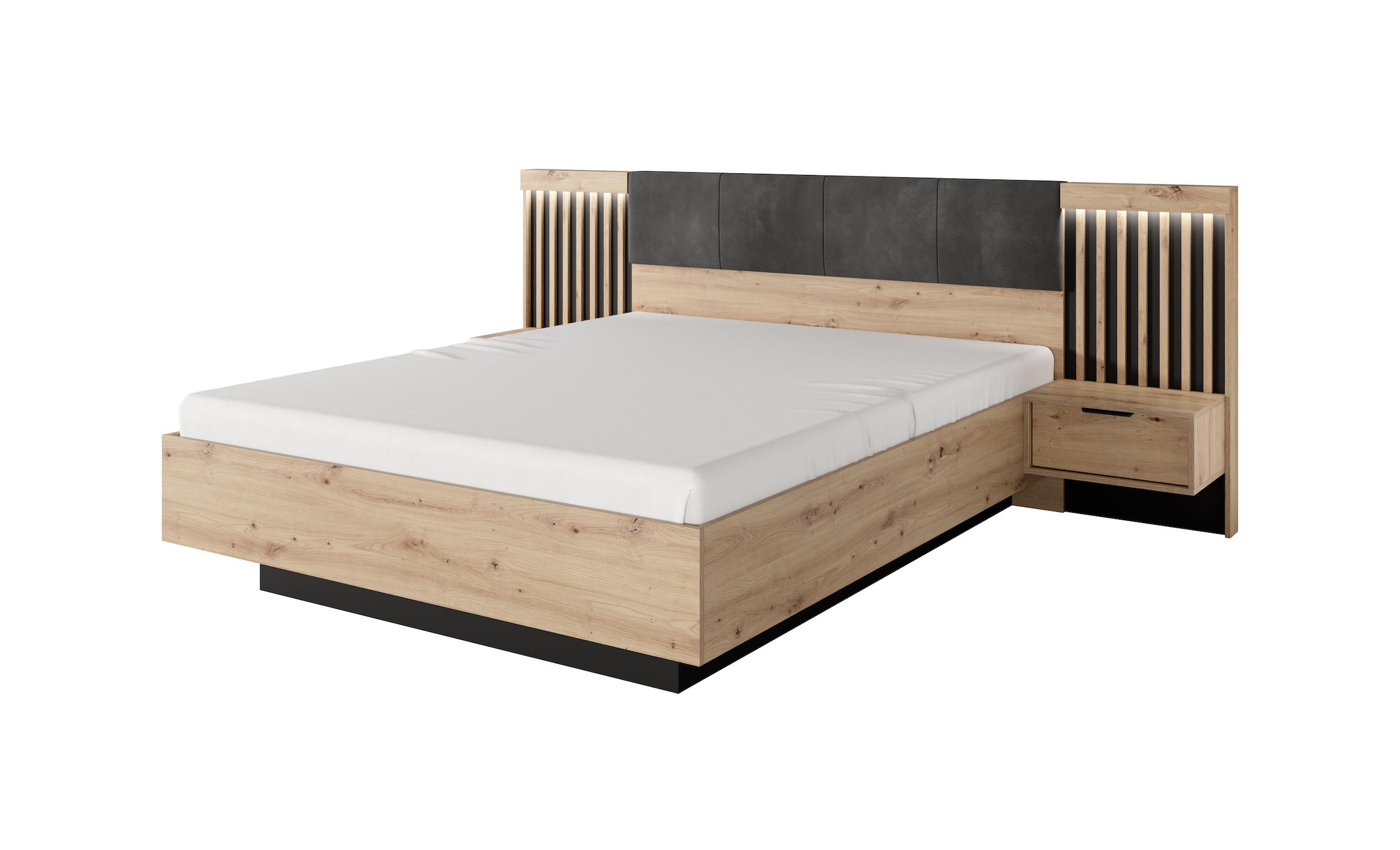 BETT MIT NACHTKONSOLEN Tally Artisan Eiche / anthrazit 263 / 210 / 104 cm - Braun, Holz/Holzwerkstoff (160/200cm) - Feldmann-Wohnen