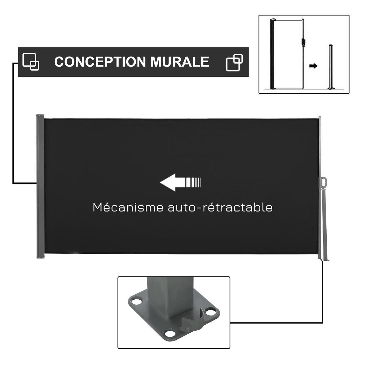 MARKISE DE-14021 ausziehbar 3/1,6 m, UV-Schutz Schwarz - Schwarz, Textil (0.01/160/300cm) - ComfortXL
