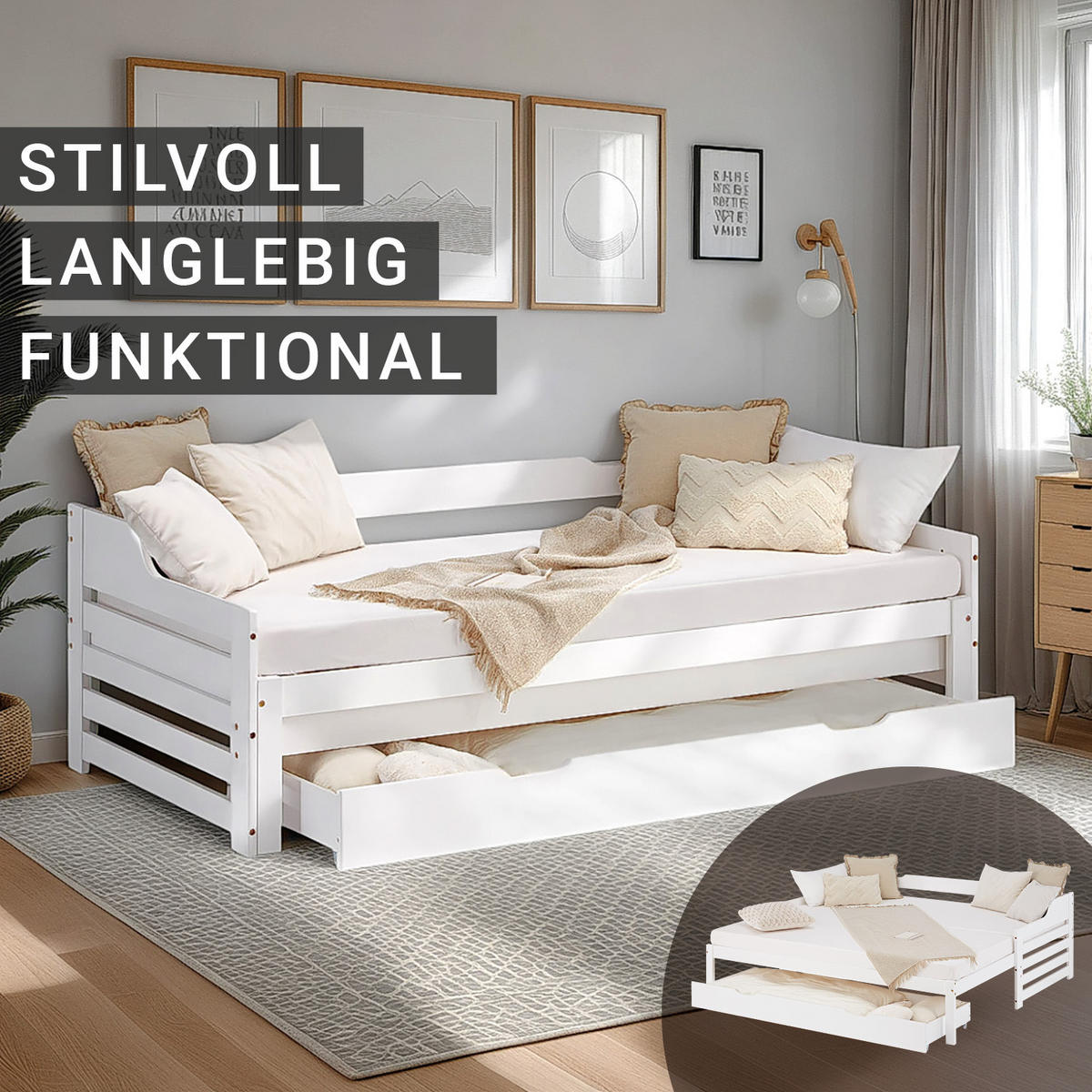 AUSZIEHBETT 90/200 cm Weiß - Weiß, Holz (90/200cm) - Homestyle4u