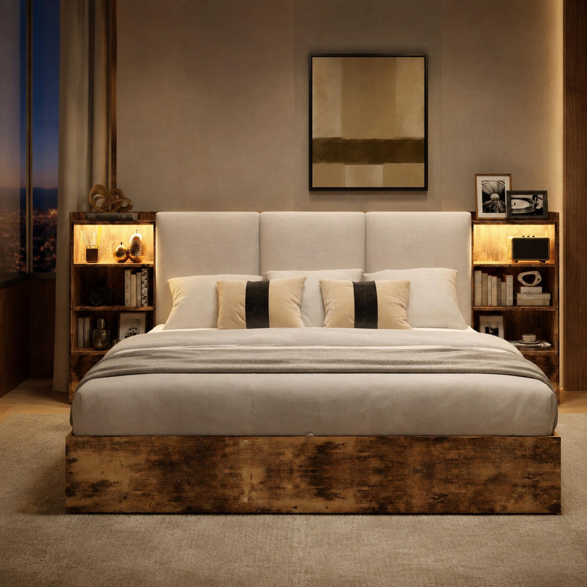 POLSTERBETT 180/200 mit Bettkasten, LED und 6 Staufächern in Braun - Braun, Holzwerkstoff/Textil (180/200cm) - EVRYAE