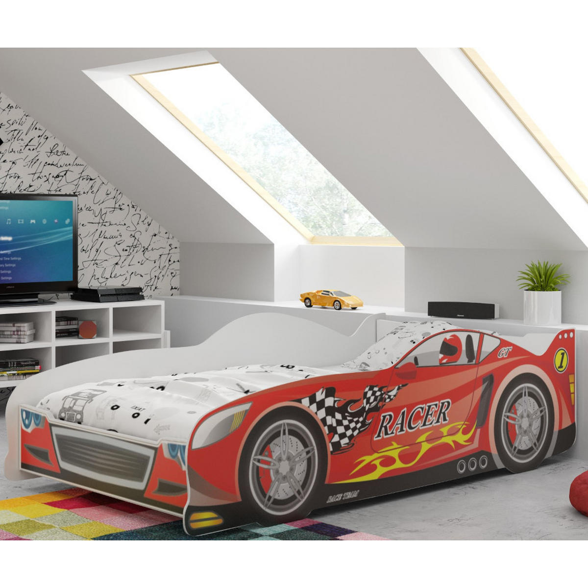AUTOBETT Kinderbett Cars 160x80cm mit Lattenrost - Rot, Holzwerkstoff (80/160cm) - Interbeds