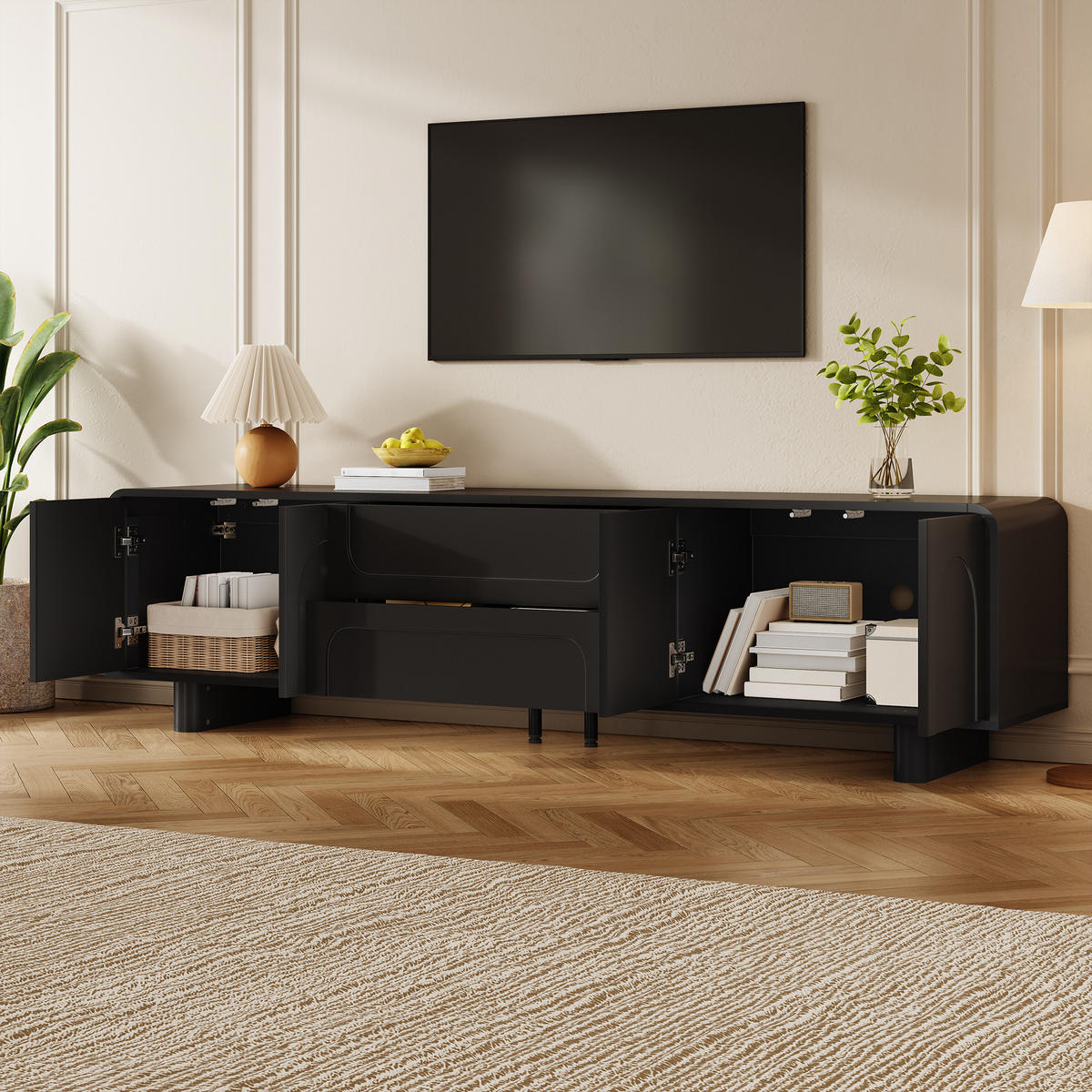 TV-SCHRANK 180/40/46 cm Schwarz mit 4 Türen und 2 Schubladen - Schwarz, Holzwerkstoff (180/46/40cm) - Oxeza