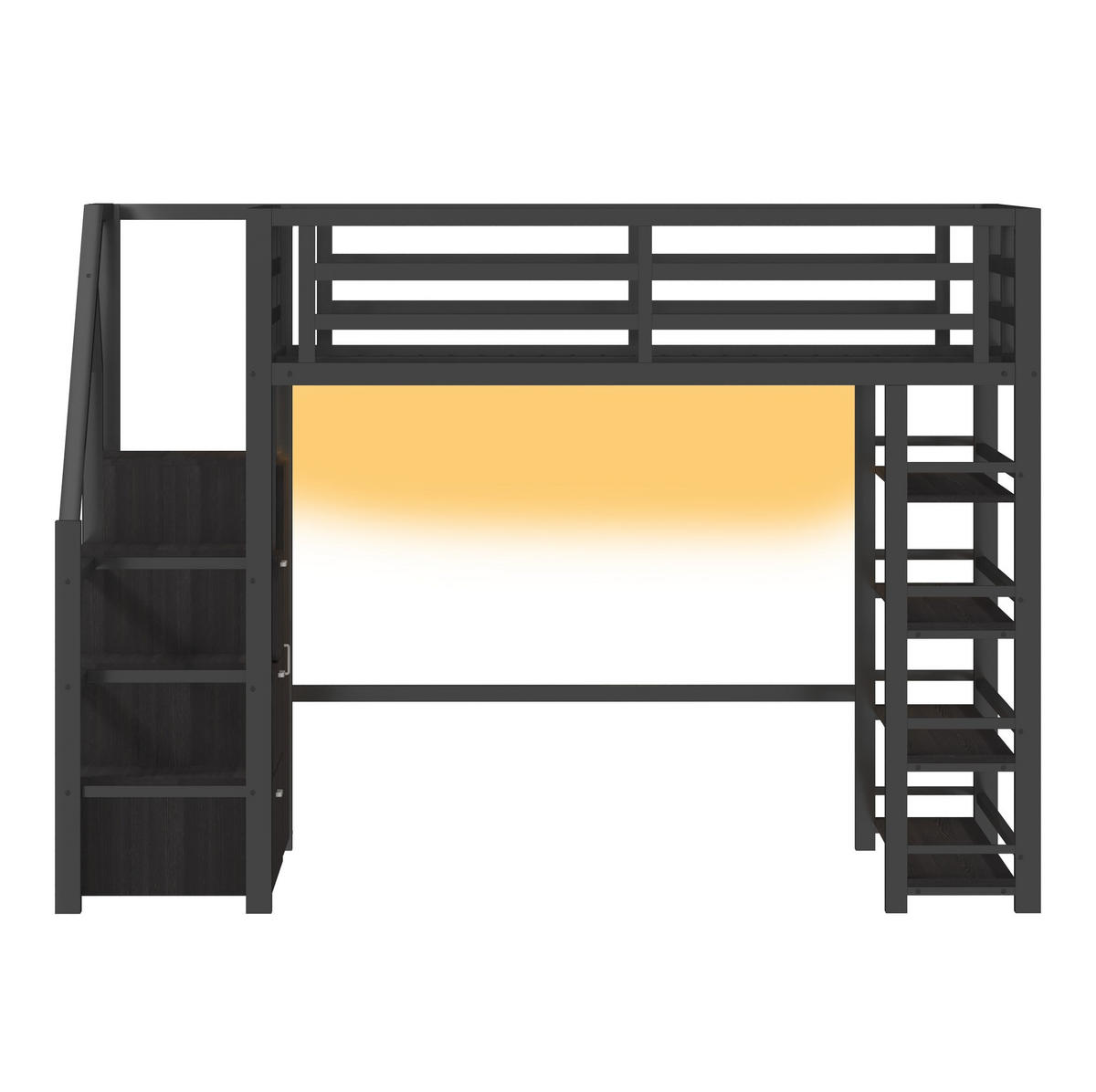 VYSOKÁ posteľ 140/200 cm čierna z kovu a MDF s LED osvetlením šatníkom policami a úložnými schodmi - čierna, kompozitné drevo (140/200cm) - OKWISH