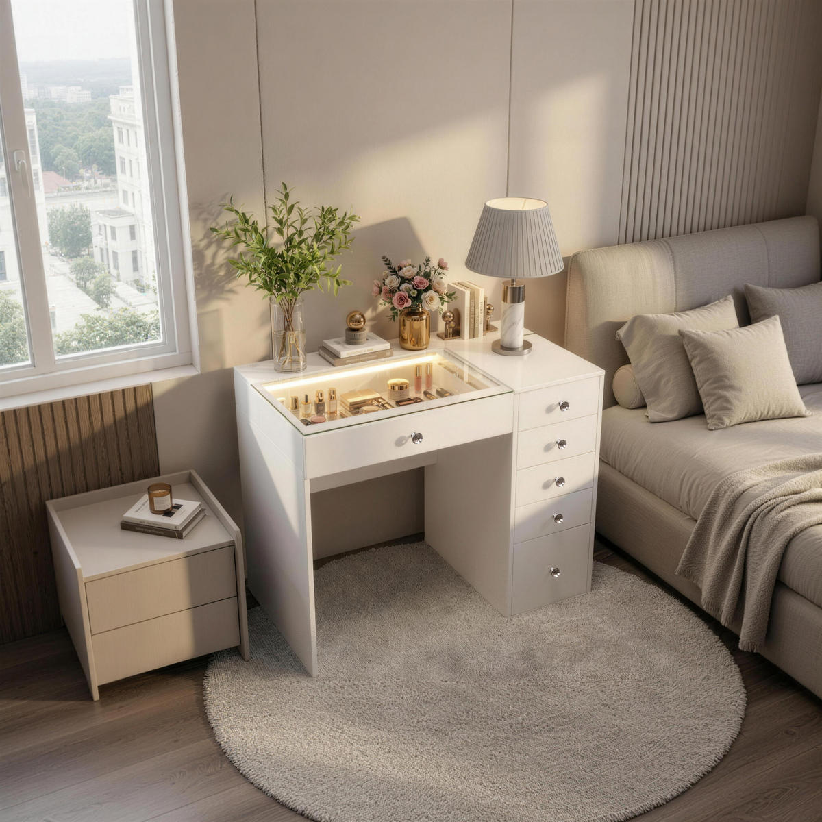 KONSOLENTISCH mit LED 6 Schubladen 92/55/81 CM - Weiß, Holz/Metall (92/55/81cm) - VANITII