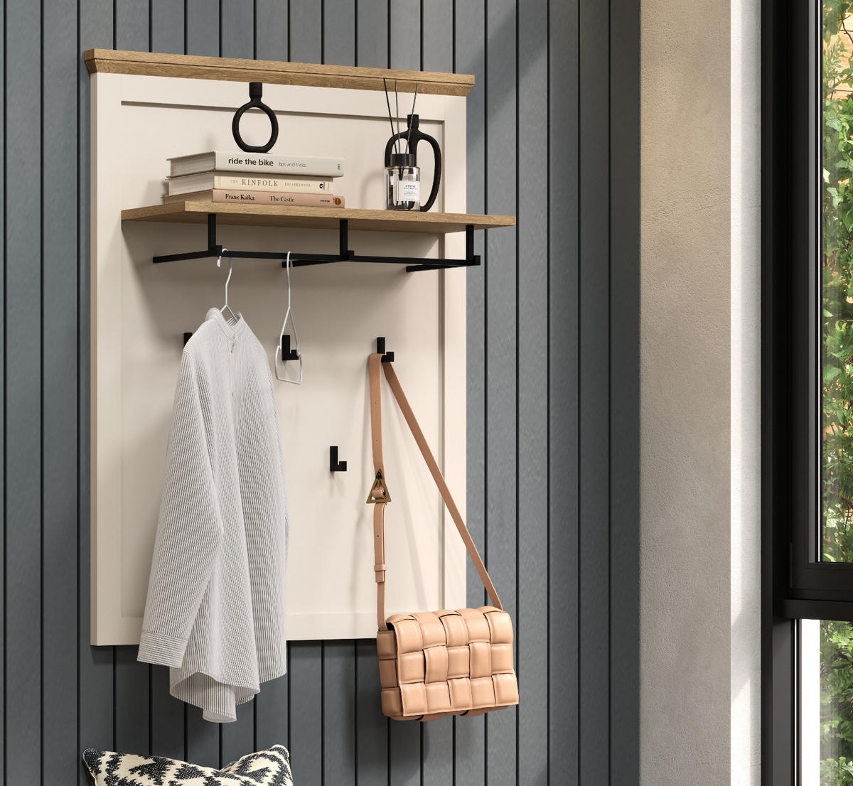 GARDEROBENPANEEL Kaschmir, Stein Eiche Landhaus 76 x 100 cm, Wandgarderobe mit Kleiderstange - Kaschmir/Eichefarben, Holzwerkstoff (76/100/26cm) - Top.Furn