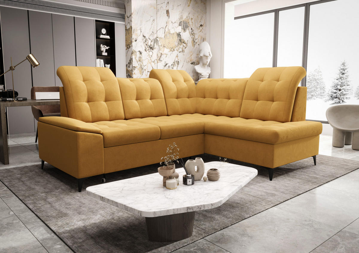 ECKSOFA KONGO RBN16, Eckcouch in L-Form mit Schlaffunktion, Farbe: Gelb, Velourstoff, Ottomane Rechts - Gelb, Textil (268/210cm) - O-Sofa