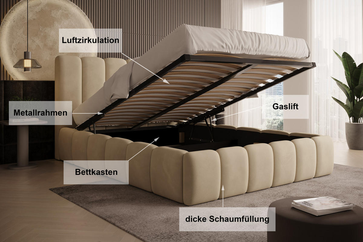 POLSTERBETT Vilo 160x200 mit Bettkasten und Stabilem Metallgestell - Beige, Textil (160/200cm) - Storez24