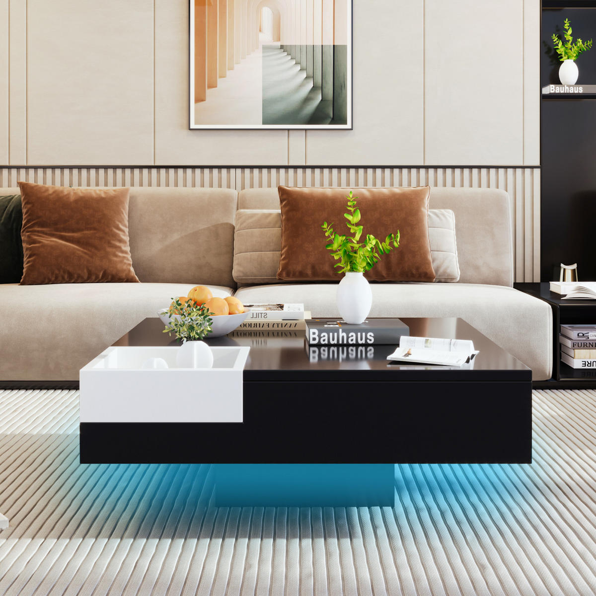 COUCHTISCH Schwarz Weiß Hochglanz mit LED und Aufbewahrungsbox - Schwarz, Metall (72/72/30cm)
