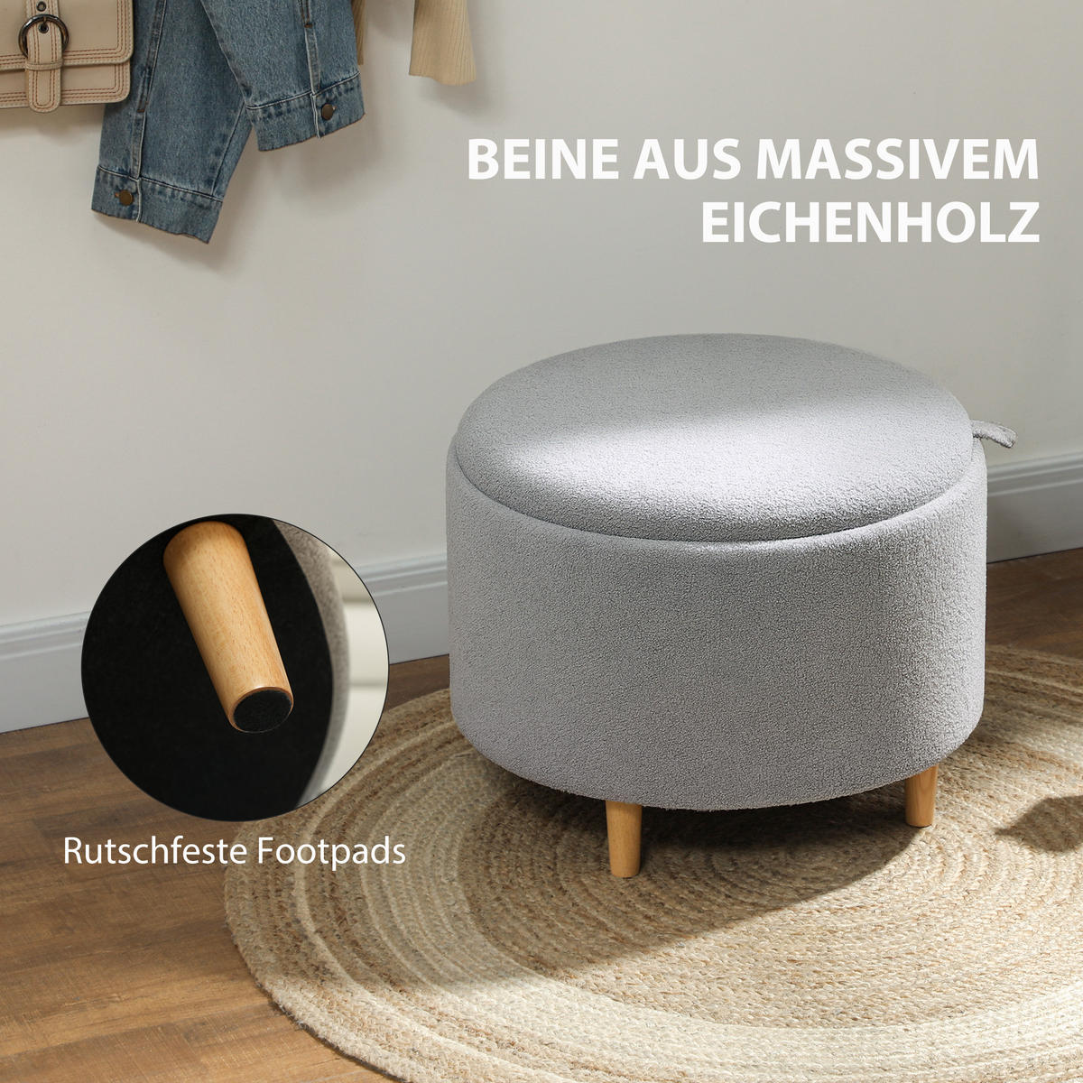 SITZHOCKER Ottomane mit Stauraum Runder Polsterhocker mit Klappdeckel, Grau - Naturfarben/Grau, Eichenholz/Kunststoff (56/42/56cm) - HOMCOM