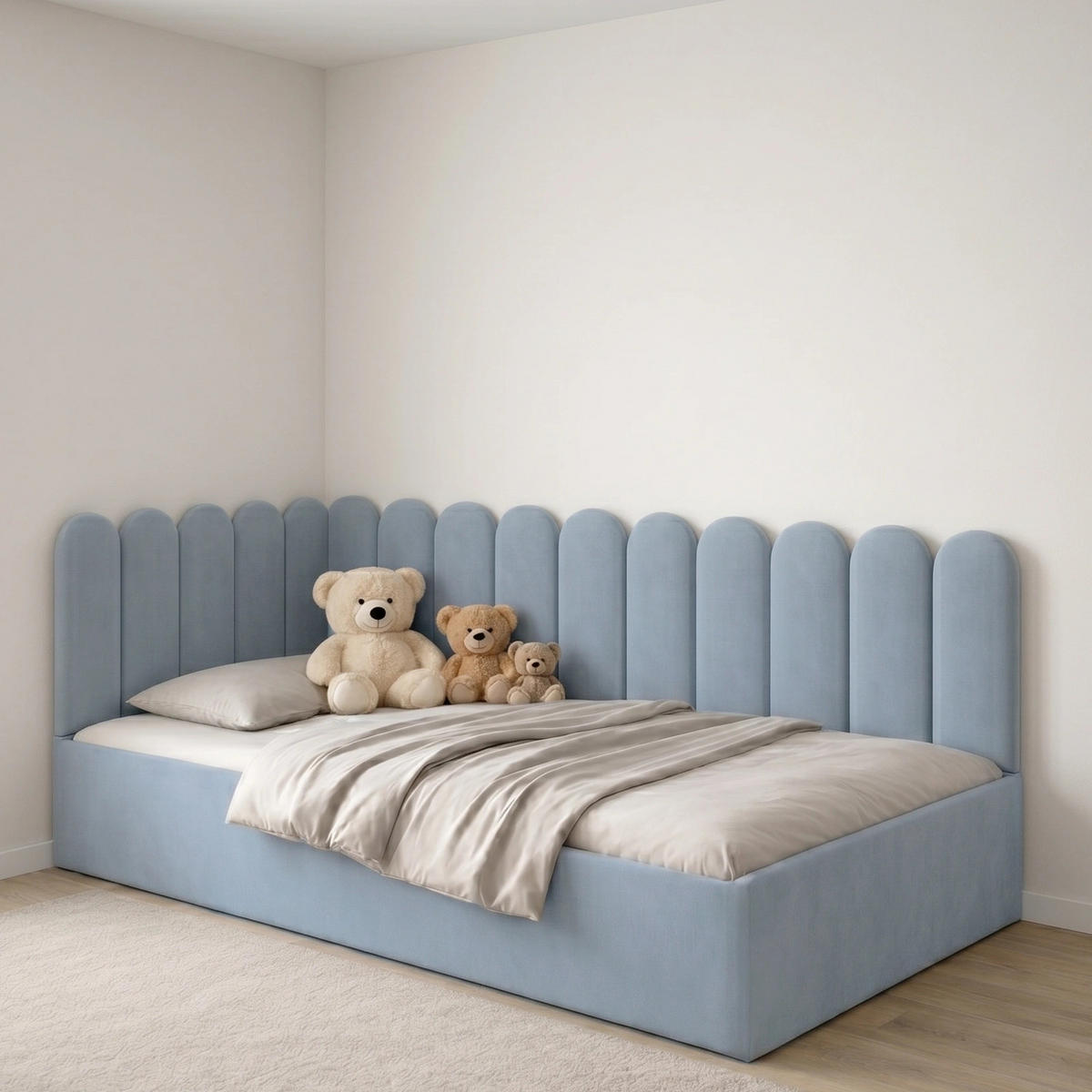 JUGENDBETT Junior Hellblau Samtvelours mit Wandpaneelen - 120x200 cm - Bettkasten - Hellblau, Holzwerkstoff/Textil (120/200cm) - Ravio