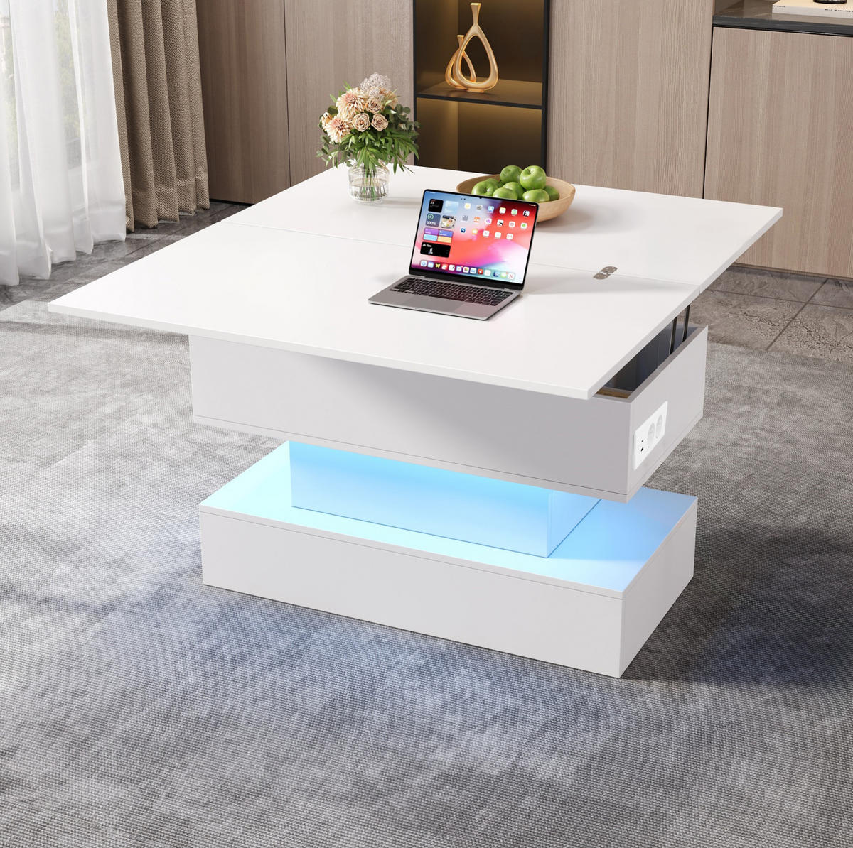 COUCHTISCH mit Hubfunktion 100 x 50 cm Weiß mit Stauraum und Steckdose - Weiß, Holzwerkstoff (100/50/51.5cm) - Meubliv