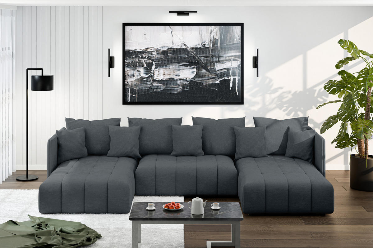 WOHNLANDSCHAFT Mersino Grau 353/180/83 cm – Wohnlandschaft fürs Wohnzimmer - Schwarz/Grau, Kunststoff/Textil (353/83/180cm) - AX Living