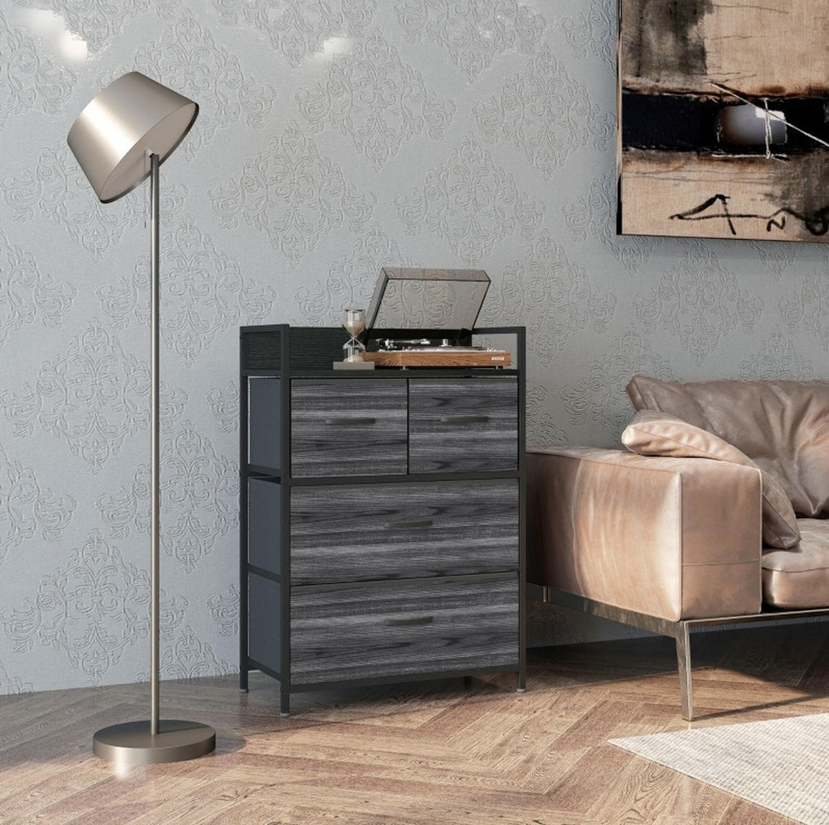 KOMMODE 60/29/85 cm mit 4 Stoffschubladen – Industrial-Stil in Schwarz - Schwarz, Holzwerkstoff (60/85/29cm) - BEAOK