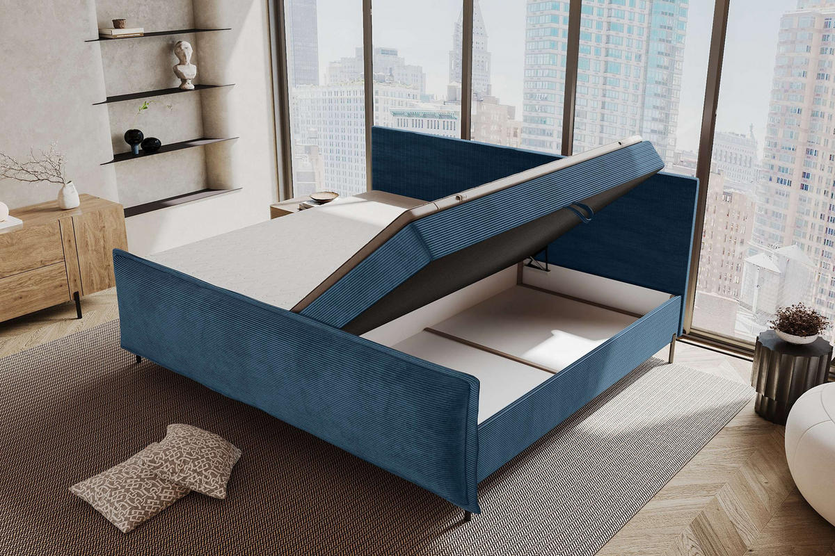 FAMILIENBETT BOXSPRINGBETT VERO PLUS Cordstoff Blau 240/200 cm - Blau/Schwarz, Holzwerkstoff/Textil (240/200cm) - 99rooms