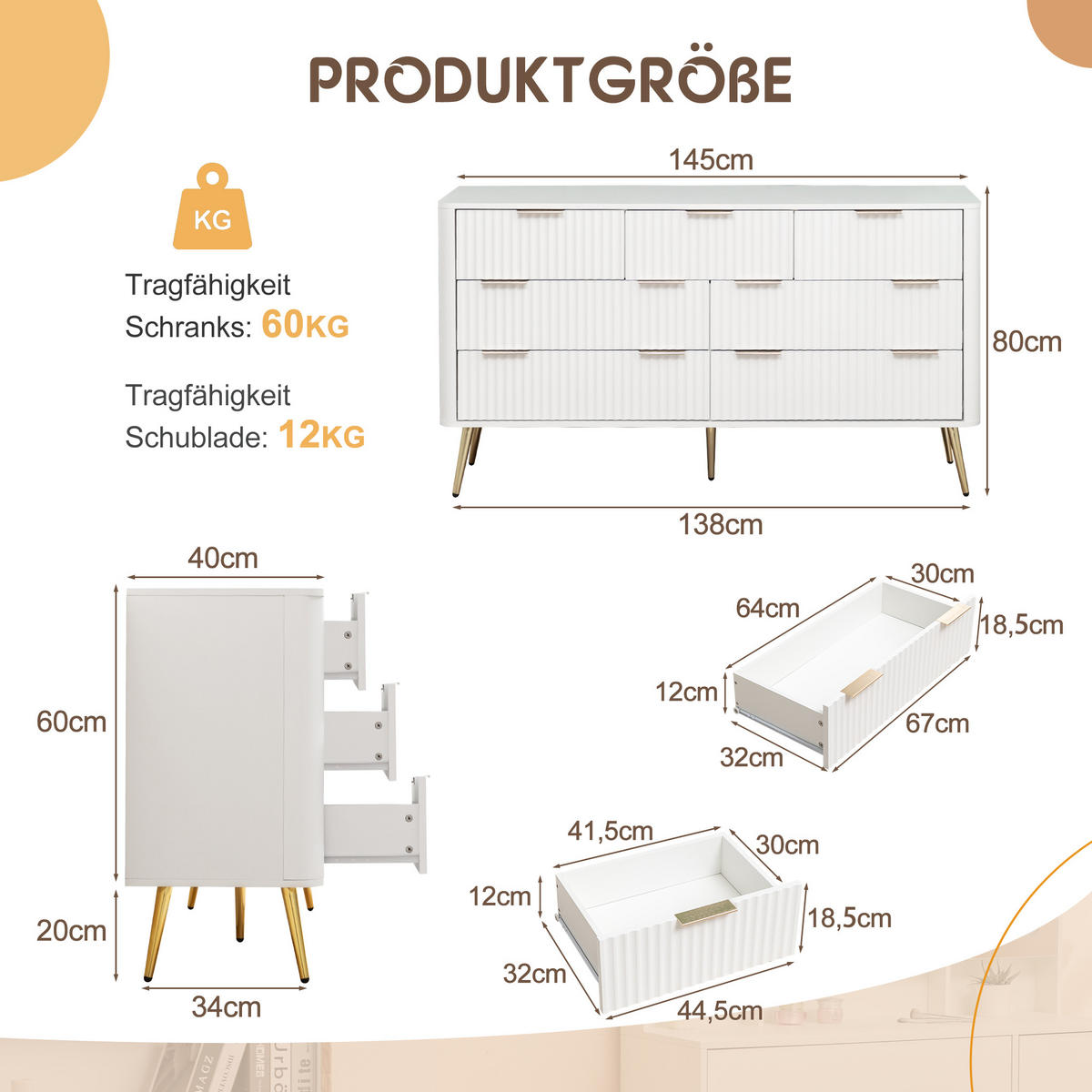 KOMMODE DE-38182 7 Schubladen mit Soft-Close und Metallgriffen Weiß - Weiß, Holzwerkstoff (145/80/40cm) - ComfortXL