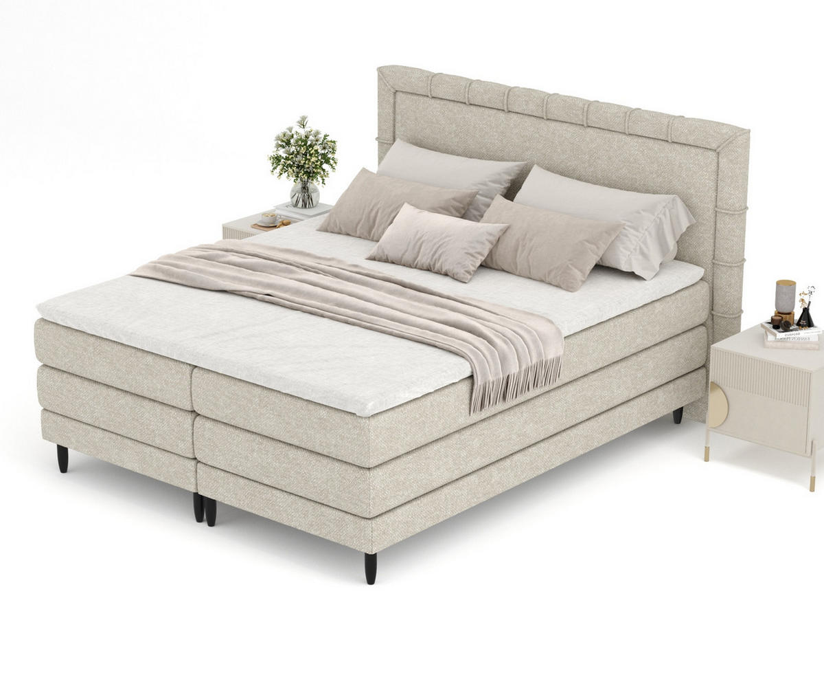 BOXSPRINGBETT Rimini Beige Grau 180/200 cm mit Matratze und Topper - Beige/Schwarz, Holz/Holzwerkstoff (180/200cm) - Maison de Reve
