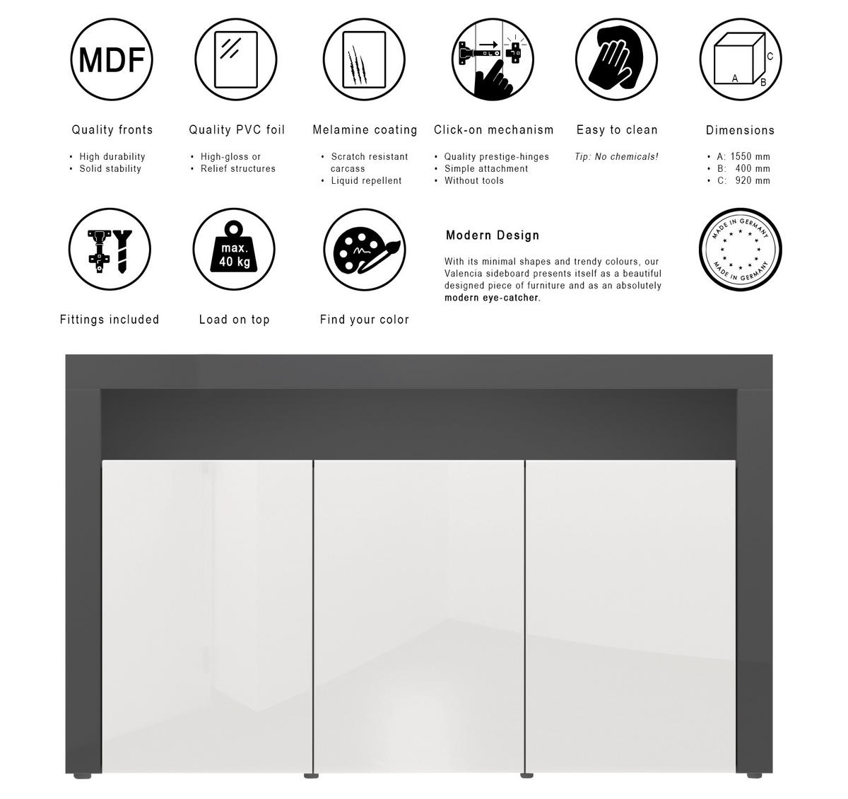 SIDEBOARD Valencia Grau Hochglanz / Grau Hochglanz - Grau, Holzwerkstoff (155/92/40cm) - Vladon