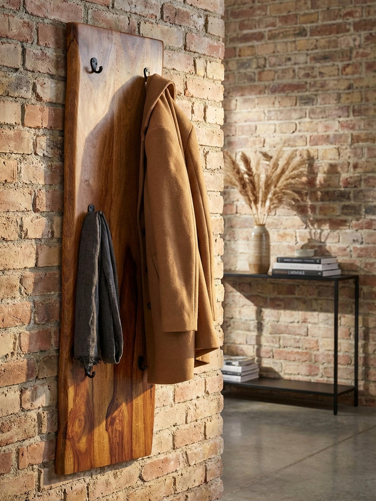 WANDGARDEROBE Massivholz Metall Modern mit Baumkante und 6 Haken - Braun, Holz (40/140/7cm) - KADIMA DESIGN