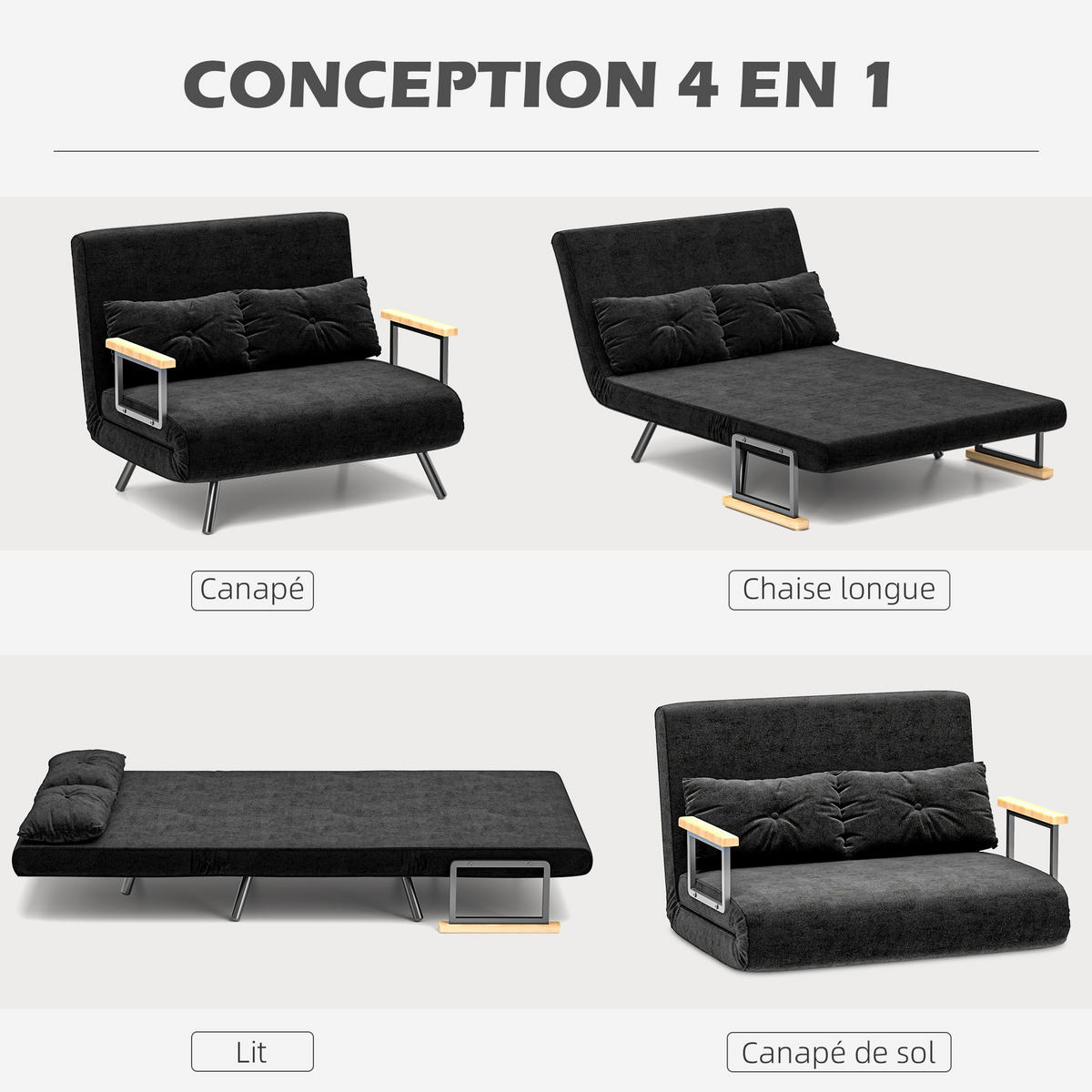 SCHLAFSOFA 2er-Sitz DE-14626 4-in-1 mit 5-fach verstellbarer Rückenlehne Schwarz - Schwarz, Textil (102/81/73cm) - ComfortXL