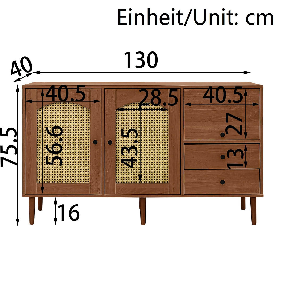 SIDEBOARD 130/40/75.5 cm Holzfarbe aus Spanplatte mit Rattantüren - Eichefarben, Holzwerkstoff (40/75.5/130cm) - OKMYHOME